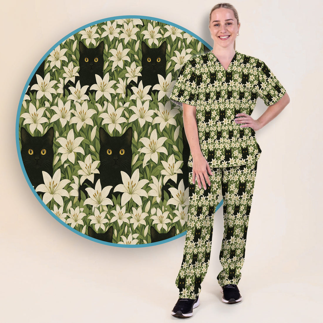 Black Cat Hidden In Lily Garden Pattern Scrub Set, Scrub Pants and V Neck Top