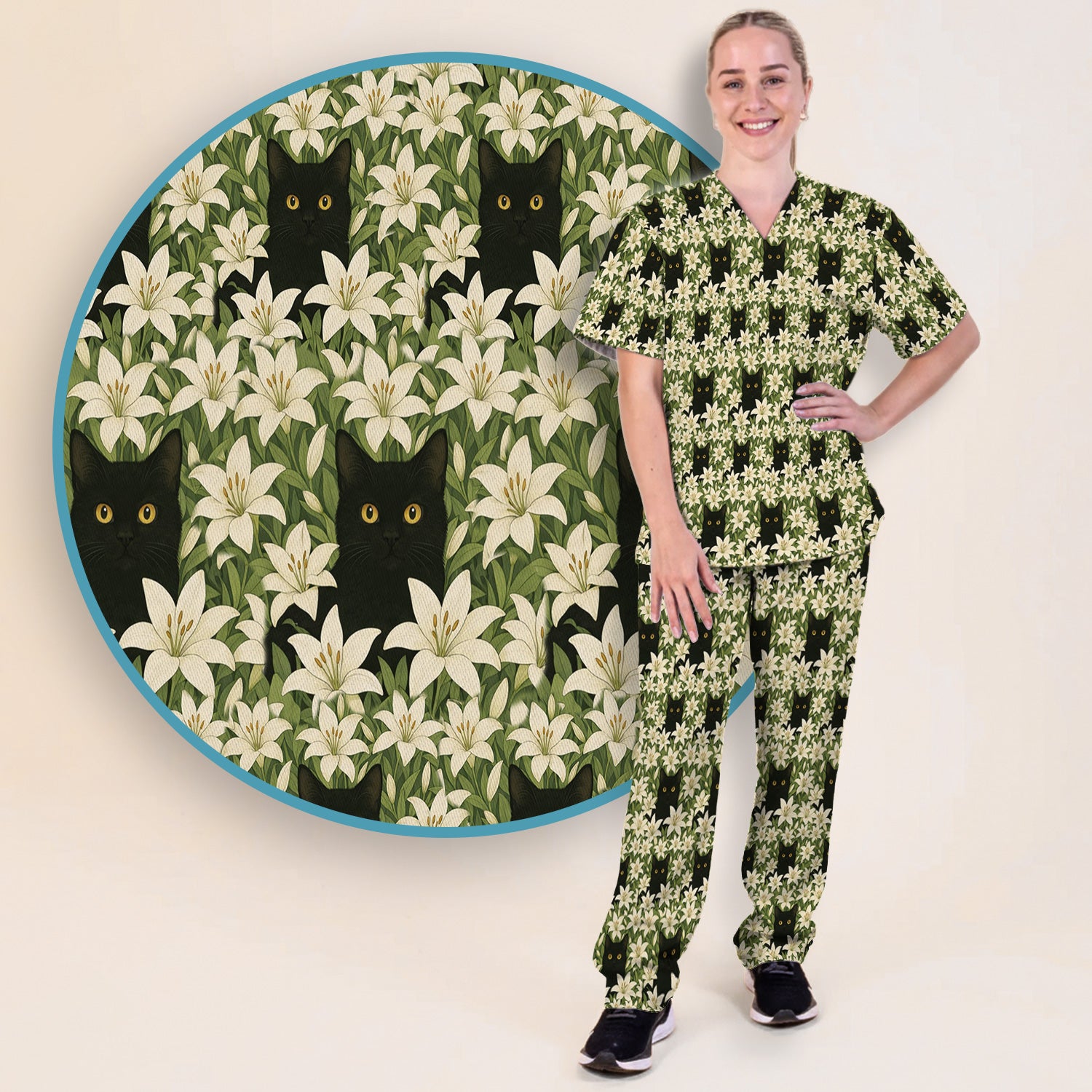 Black Cat Hidden In Lily Garden Pattern Scrub Set, Scrub Pants and V Neck Top