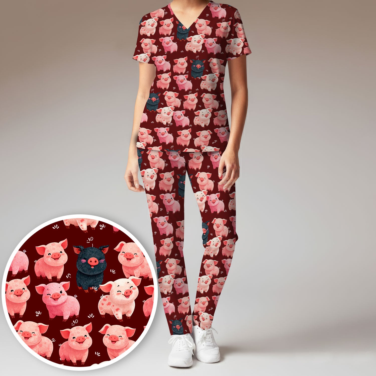 Funny Farm Pig Cartoon Pattern Scrub Set, Nurse Uniform Scrubs Set