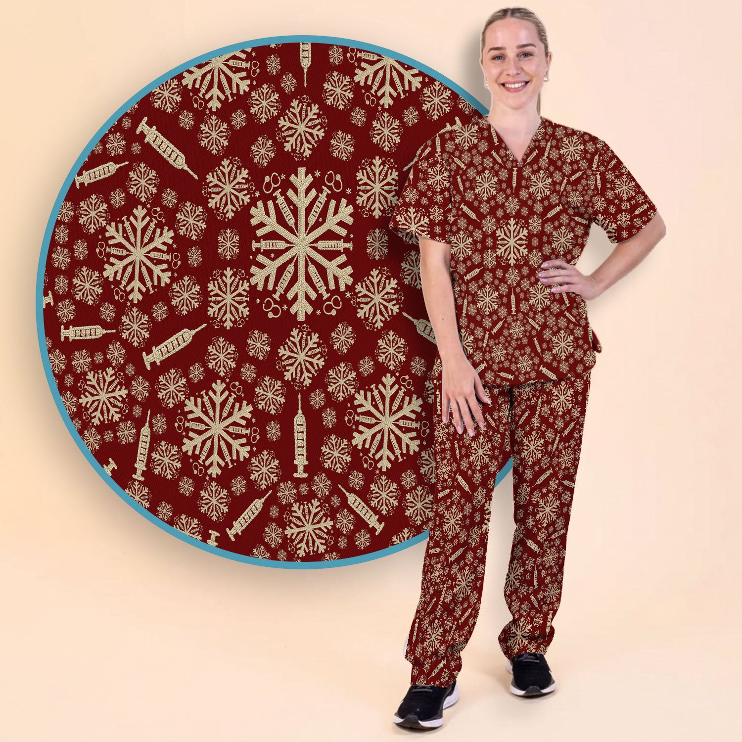 Snowflake Syringe Scrubs Pants and V Neck Top for Women - Winter Snow Medical Set - Funny Christmas Gift for Nurse