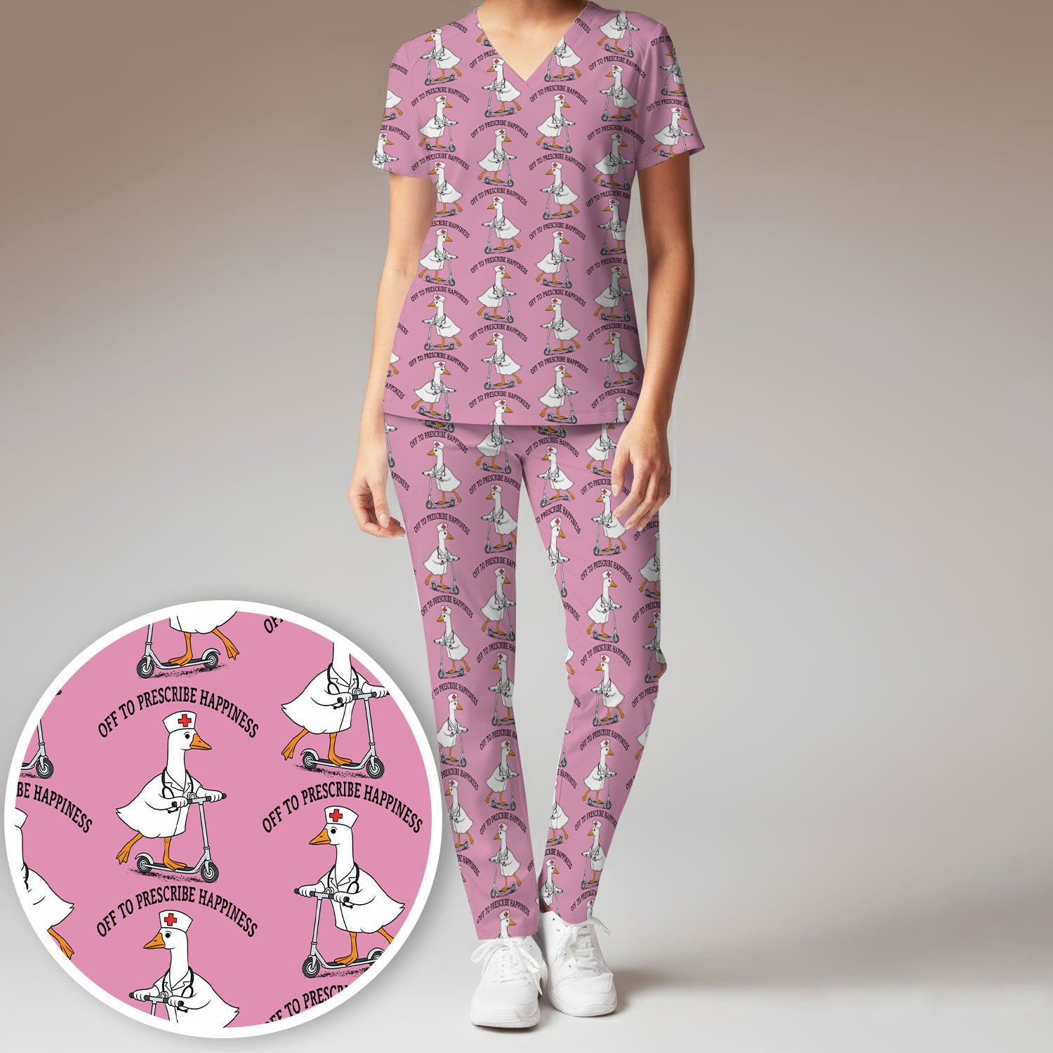 Nurse Goose Scooter Print Scrub Set, Breathable Med Uniform