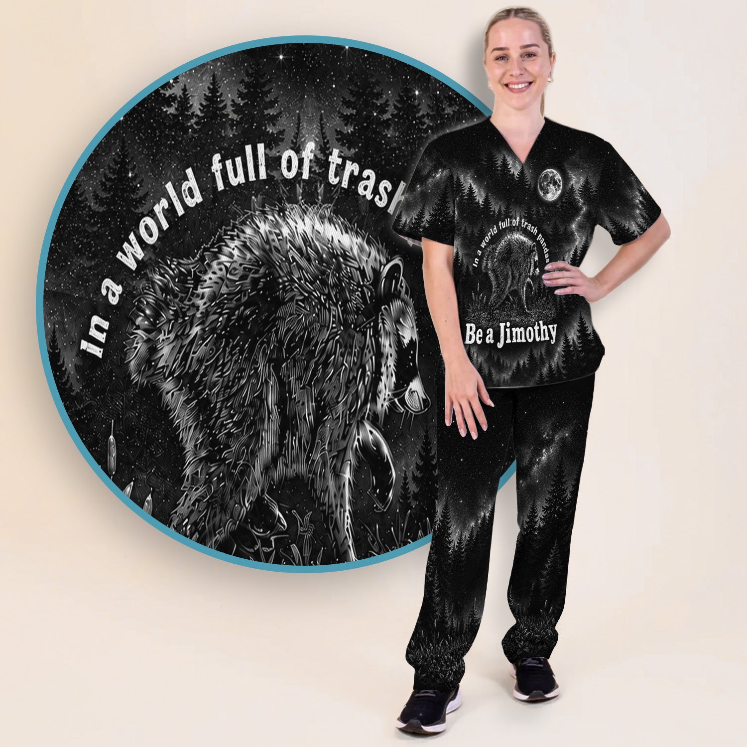 Funny Be A Jimothy Raccoon Print Scrub Set, Scrub Pants and V Neck Top