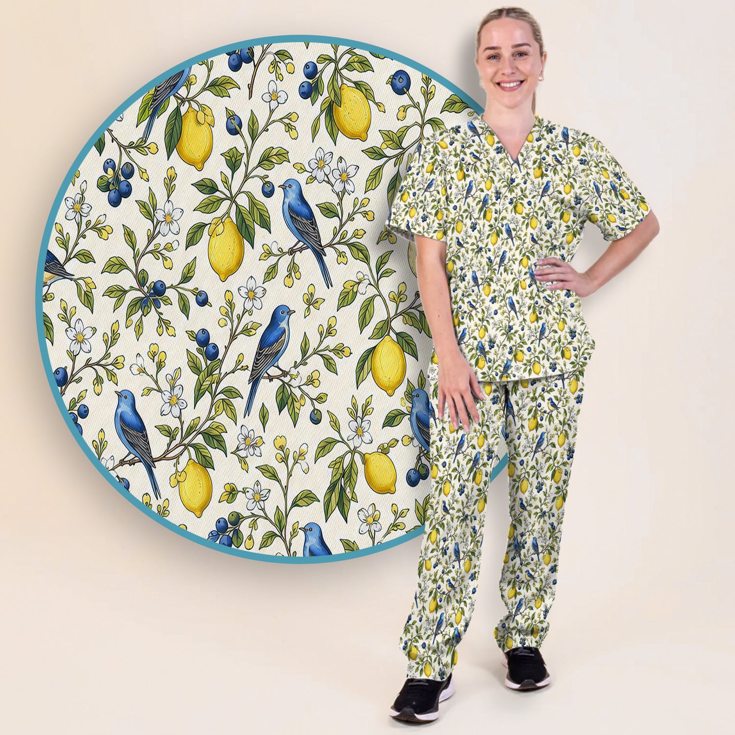 Bluebird Lemon Blossom Pattern Scrub Set, Scrub Pants and V Neck Top