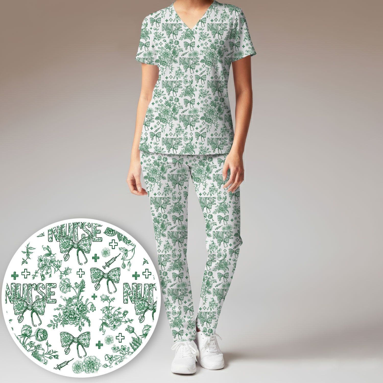 Toile de Jouy Nurse Scrub Set - Elegant Floral Pattern Scrubs for Women - Stylish Flower Medical Scrubs Gift for Healthcare Workers