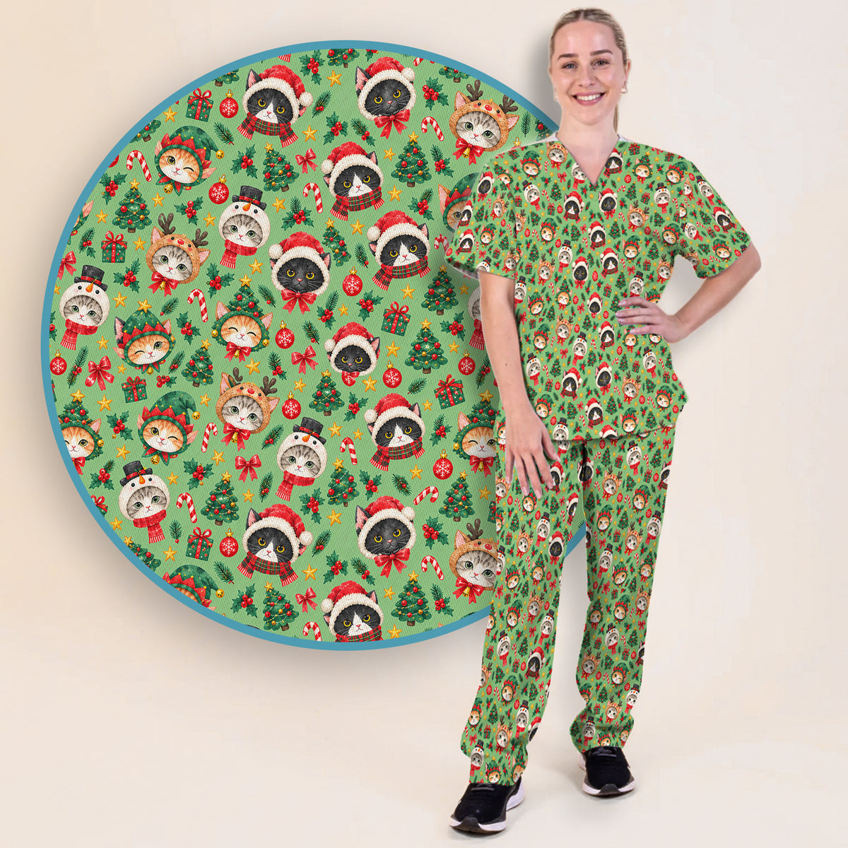 Christmas Cats And Trees Pattern Scrub Set, Scrub Pants and V Neck Top