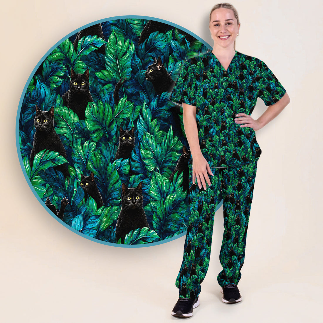 Black Cat Tropical Jungle Leaves Pattern Scrub Set, Scrub Pants and V Neck Top