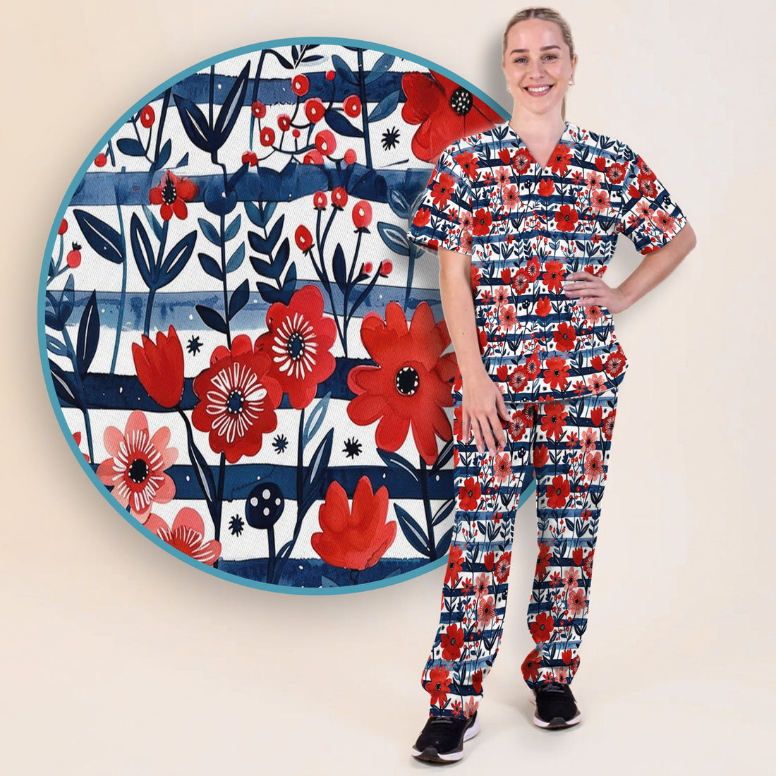 Red Poppy Navy Stripe Pattern Scrub Set, Scrub Pants and V Neck Top