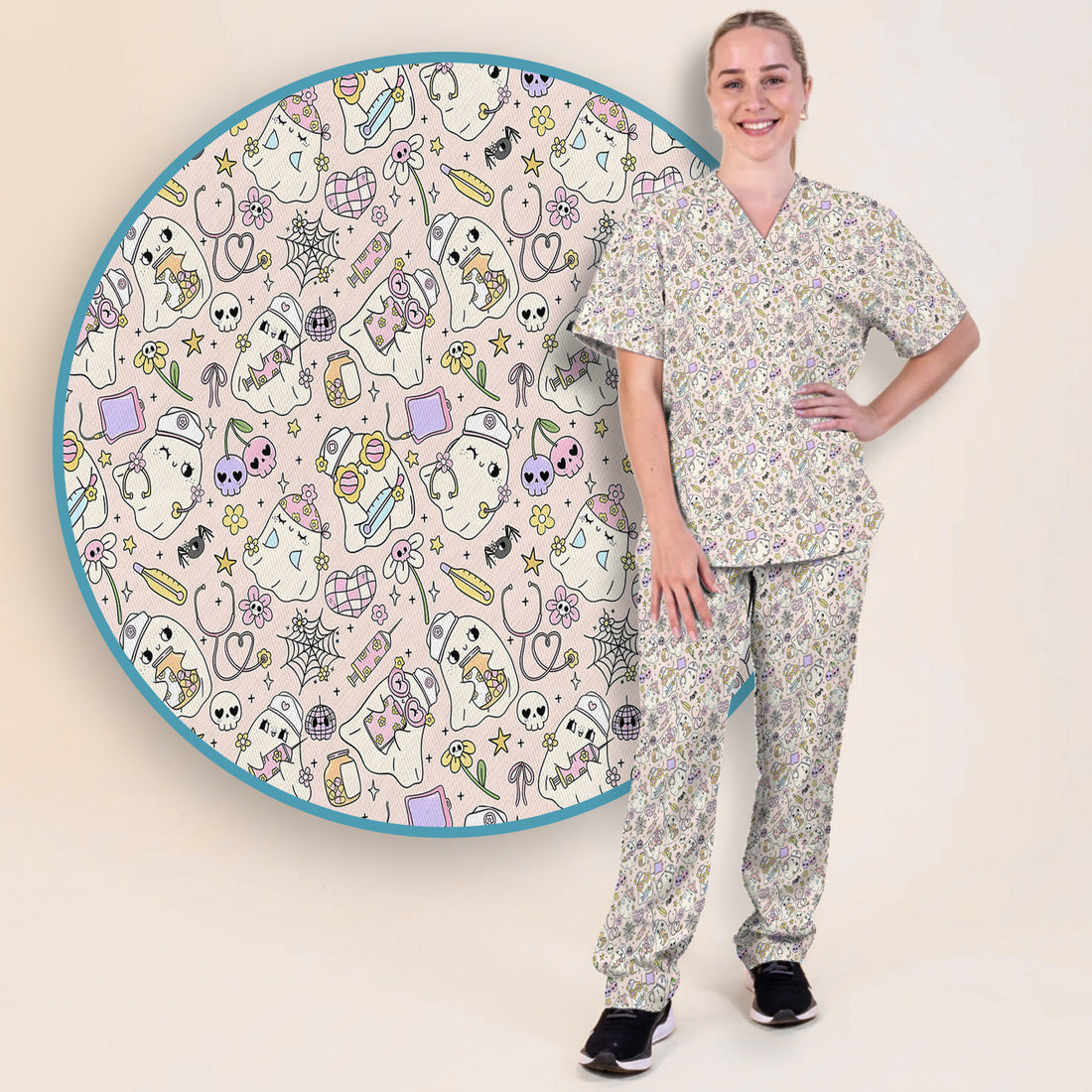 Cute Halloween Nurse Ghosts Pattern Scrub Set, Scrub Pants and V Neck Top