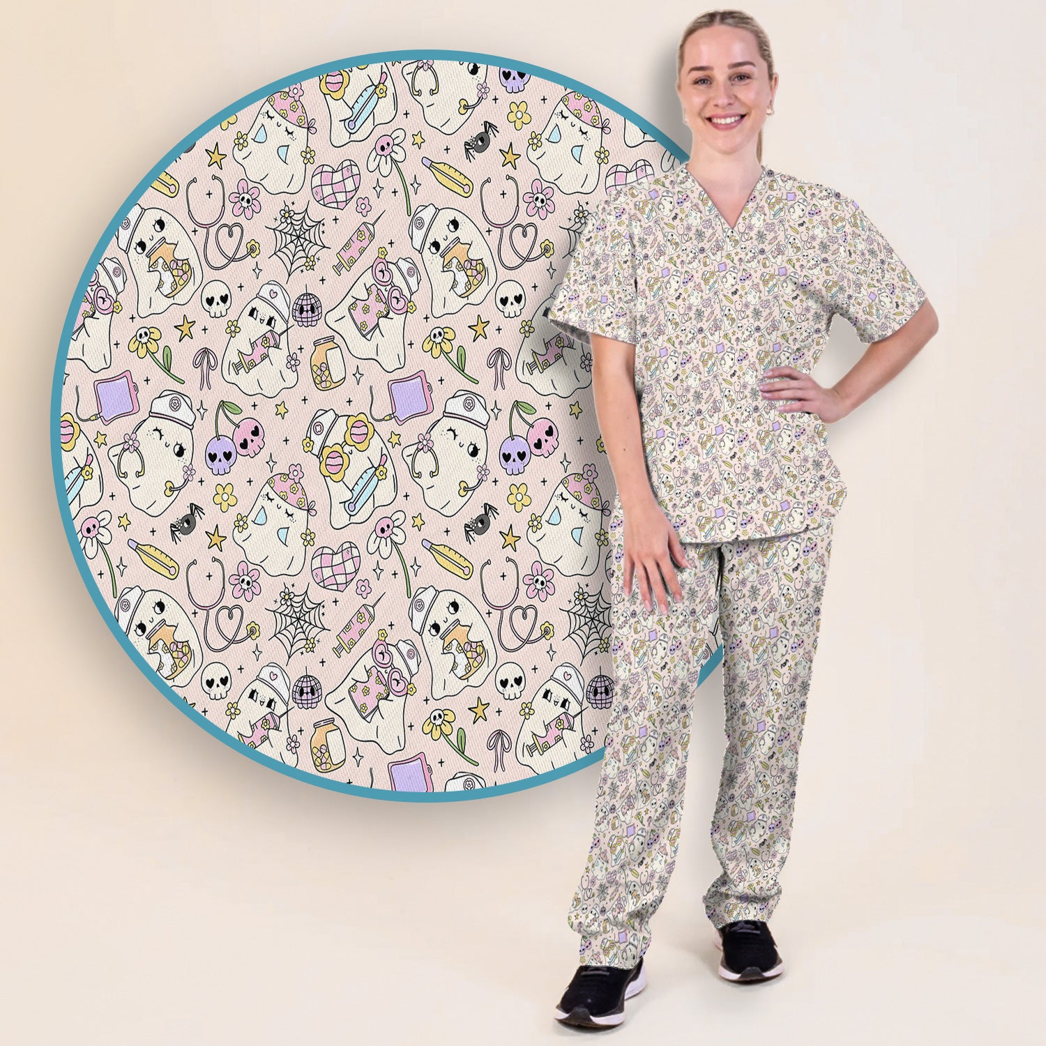 Cute Halloween Nurse Ghosts Pattern Scrub Set, Scrub Pants and V Neck Top