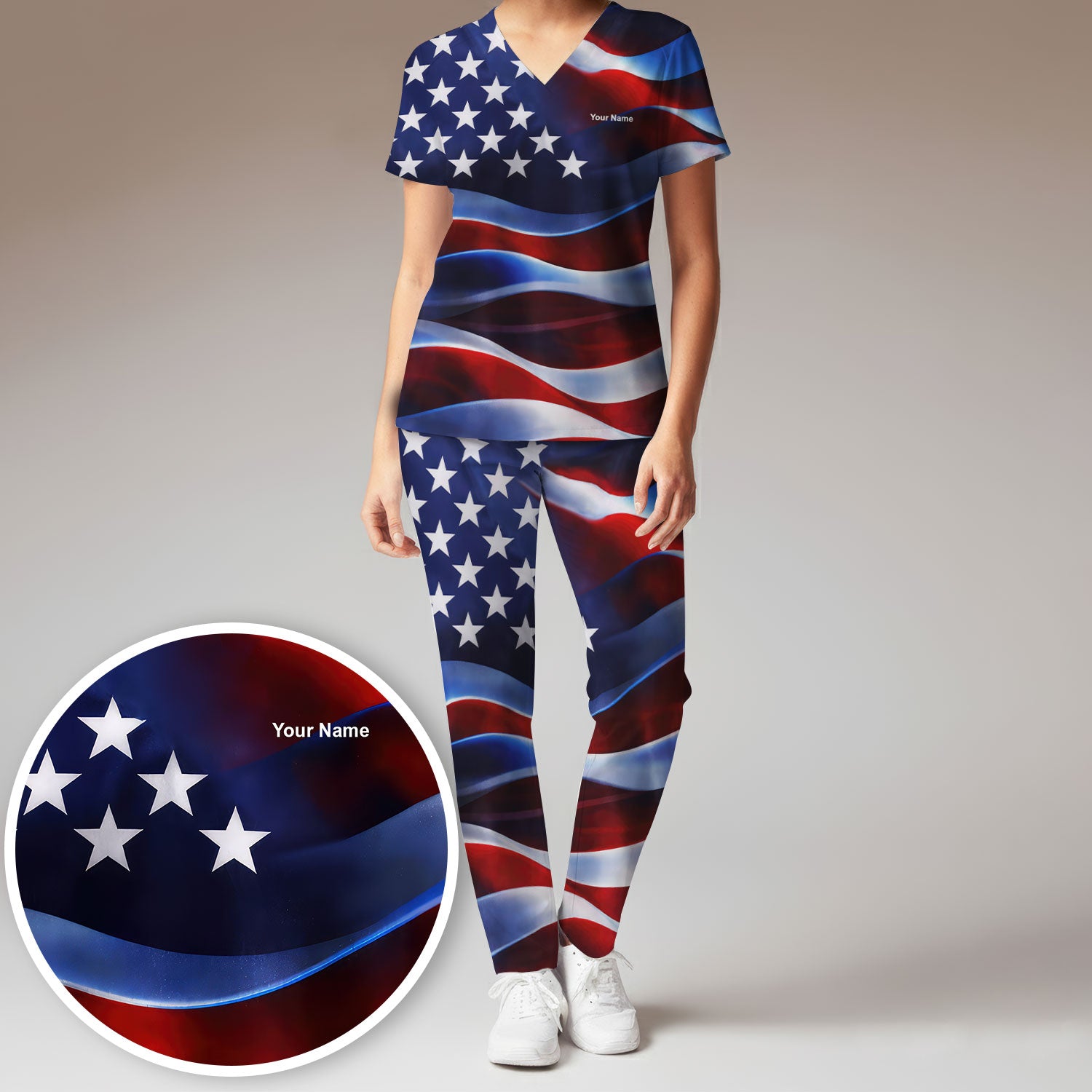 Personalized American Flag Stars Stripes Pattern Nurse Scrub Set, Scrub Pants and V Neck Top