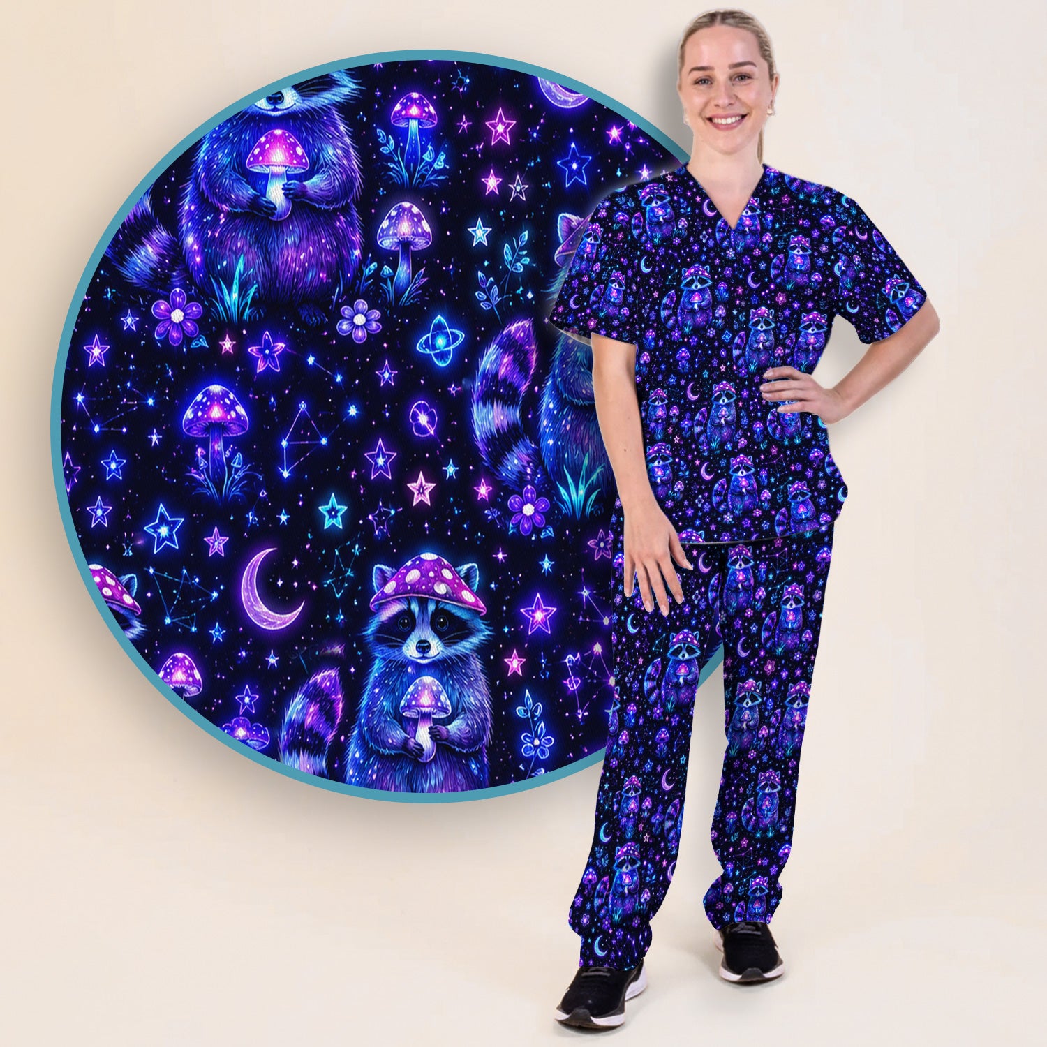Neon Mushroom Raccoon Nurse Pattern Scrub Set, Scrub Pants and V Neck Top