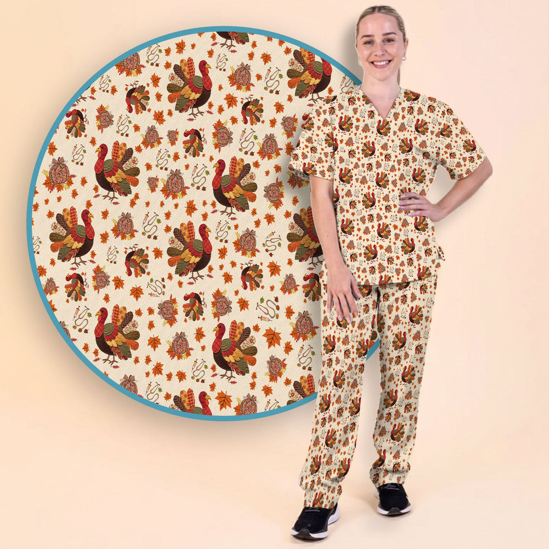 Fall Leaves Thanksgiving Women's Scrub Set - Comfortable Scrub Pants and V Neck Top - Funny Turkey Nursing Uniform