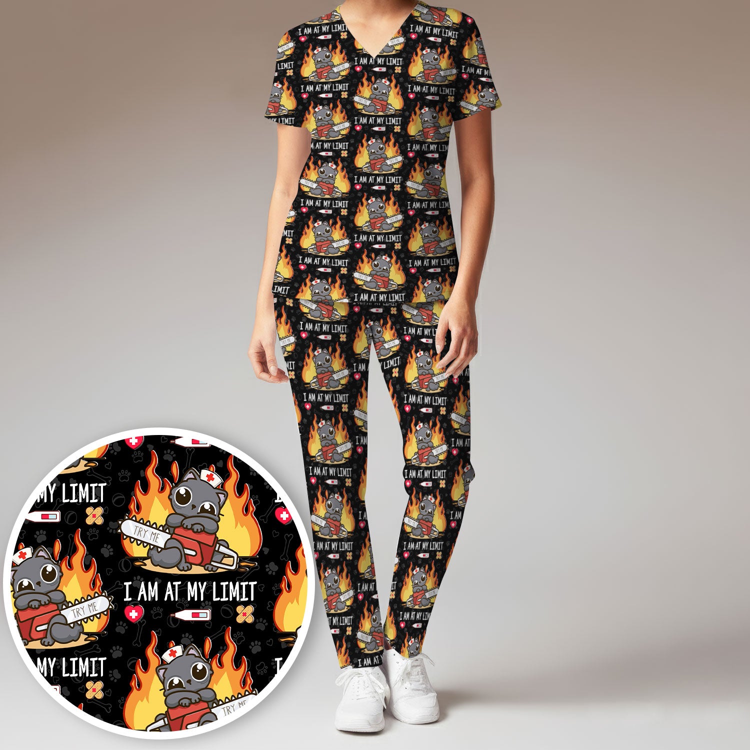 Funny Nurse Cat I Am At My Limit Women's Scrub Set, Breathable Med Uniform