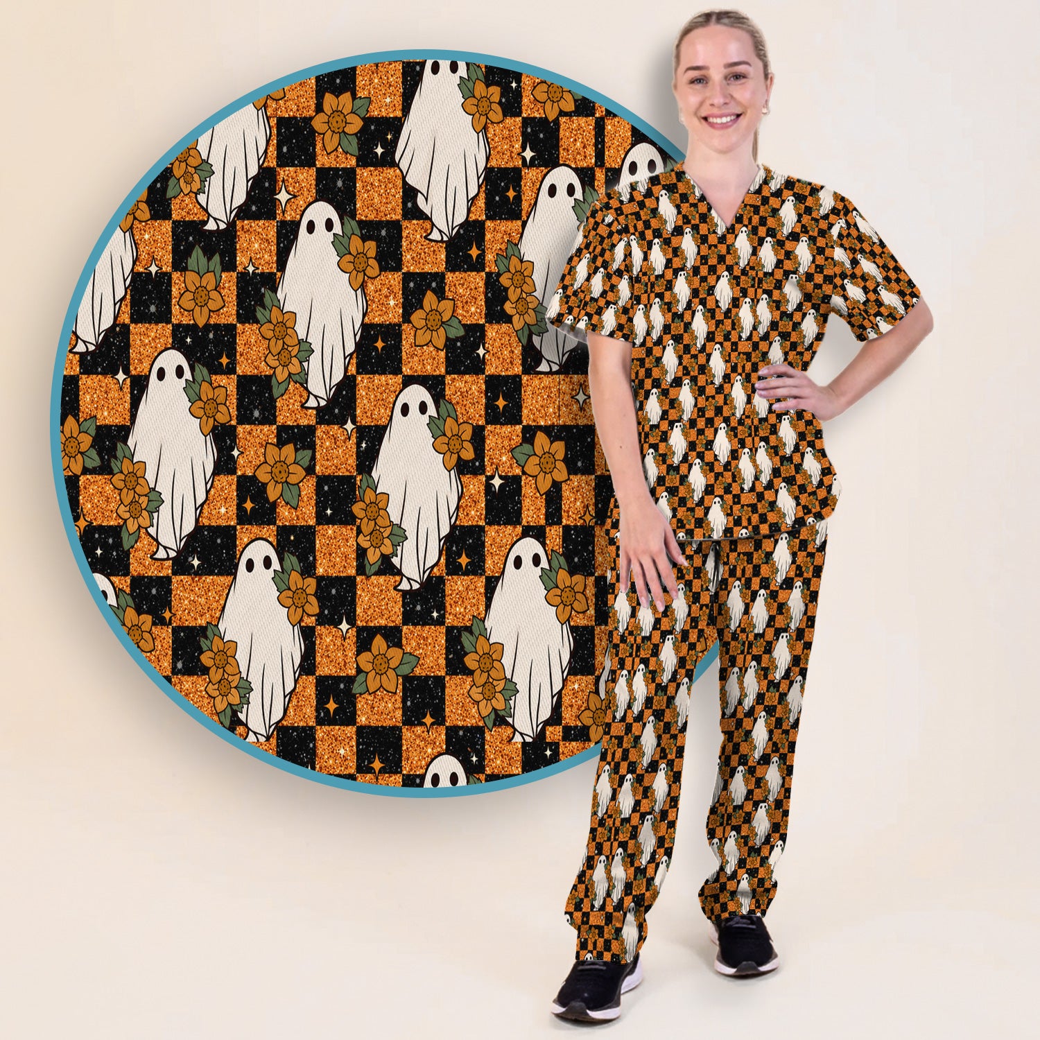 Spooky Halloween Ghost Checkerboard Scrub Set, Scrub Pants and V Neck Top