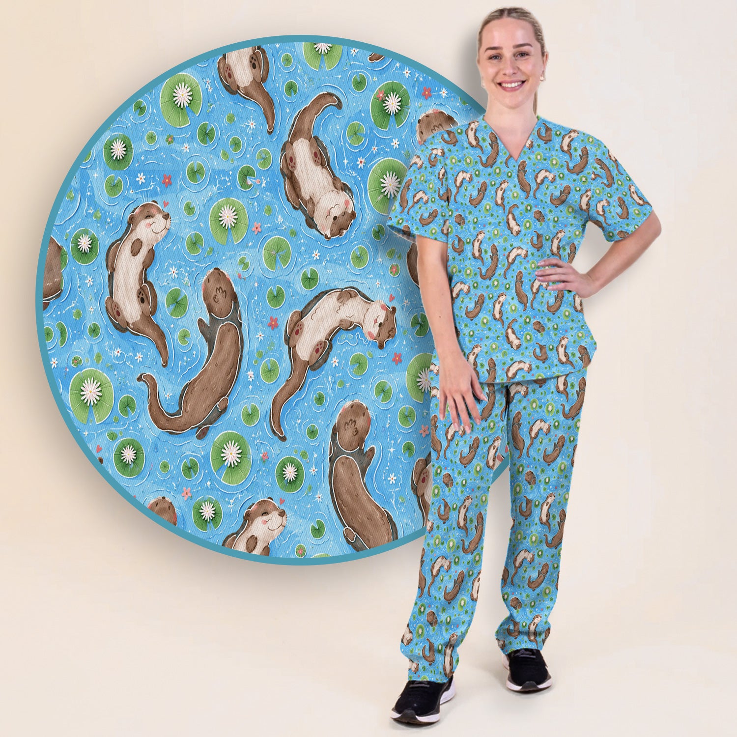 Cute Otter Lily Pond Nurse Print Scrub Set, Scrub Pants and V Neck Top