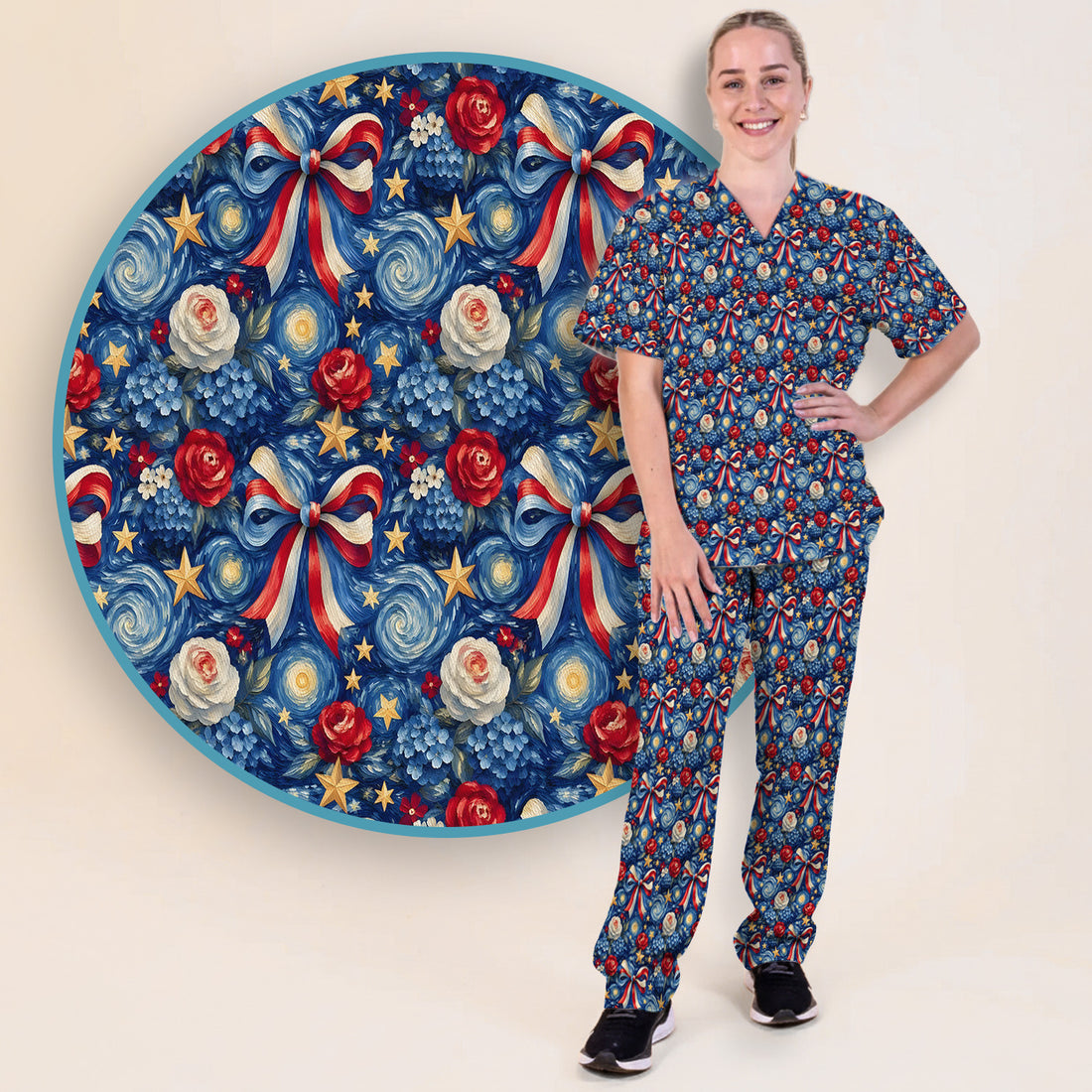 Patriotic Starry Bow Nurse for RN, CNA, Healthcare Workers Scrub Set, Scrub Pants and V Neck Top