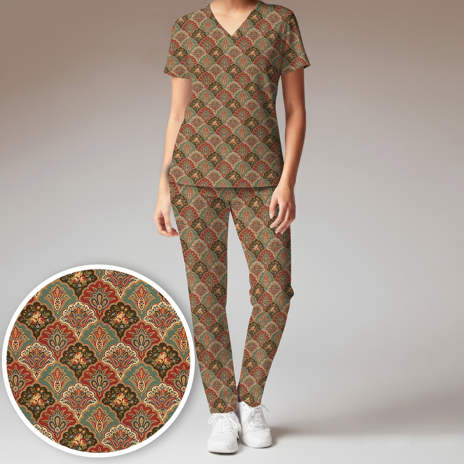 Vintage Floral Paisley Ornament Pattern Scrub Set, Scrub Pants and V Neck Top