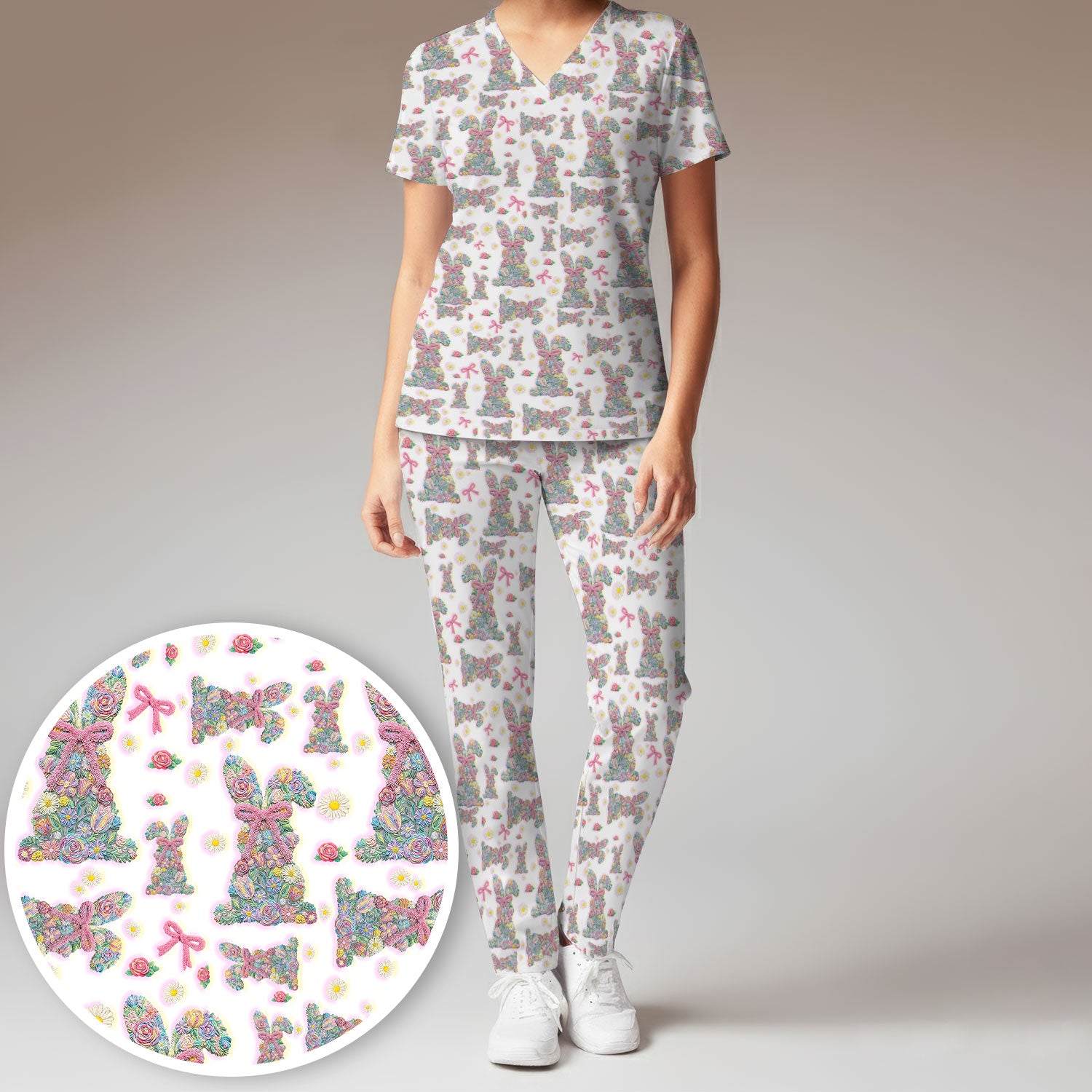 Colorful Floral Bunny with Pink Bow Pattern Scrub Set, Breathable Med Uniform