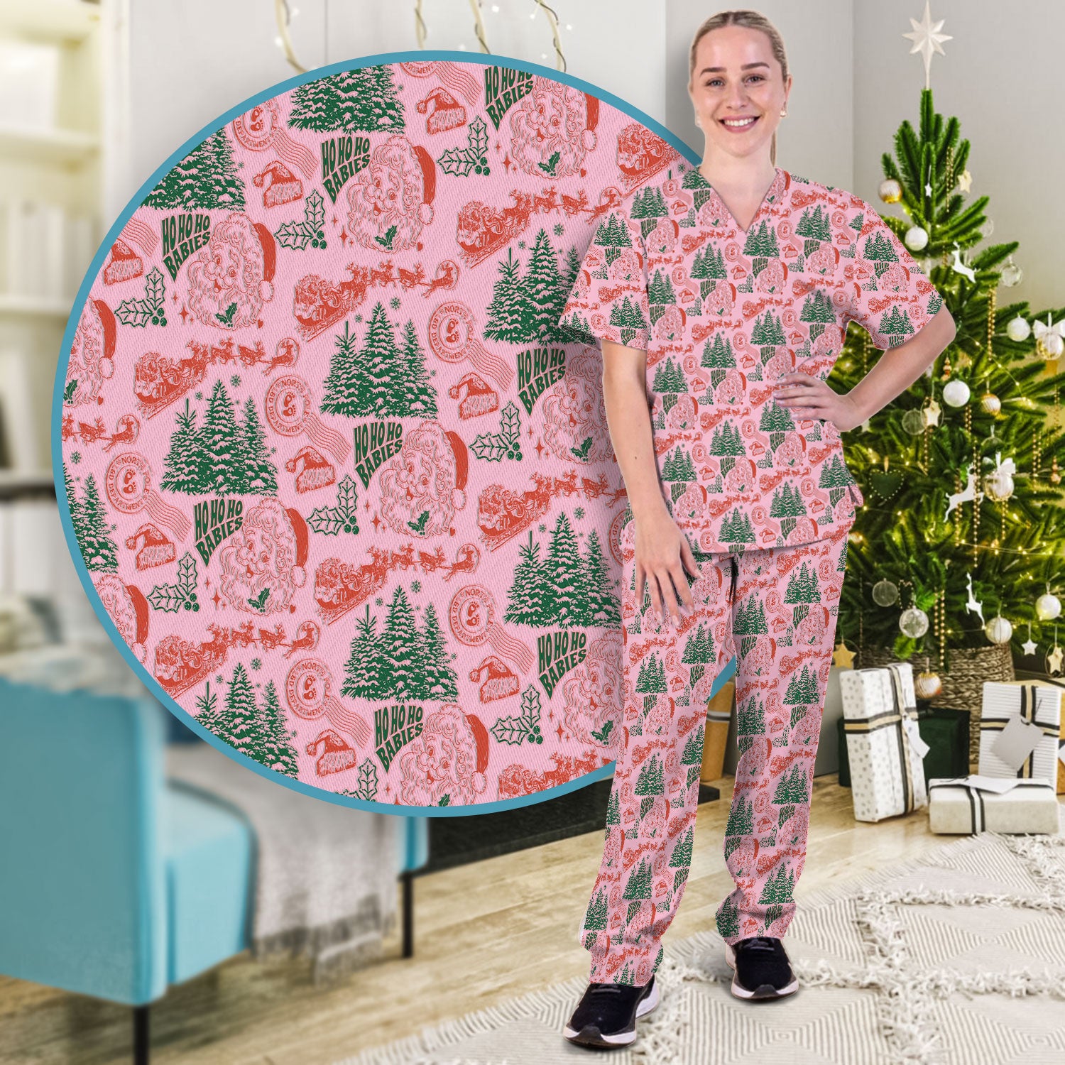 Christmas Santa Scrub Set, Vintage Holiday Nurse Shirt, Festive Medical Uniform For Nursing