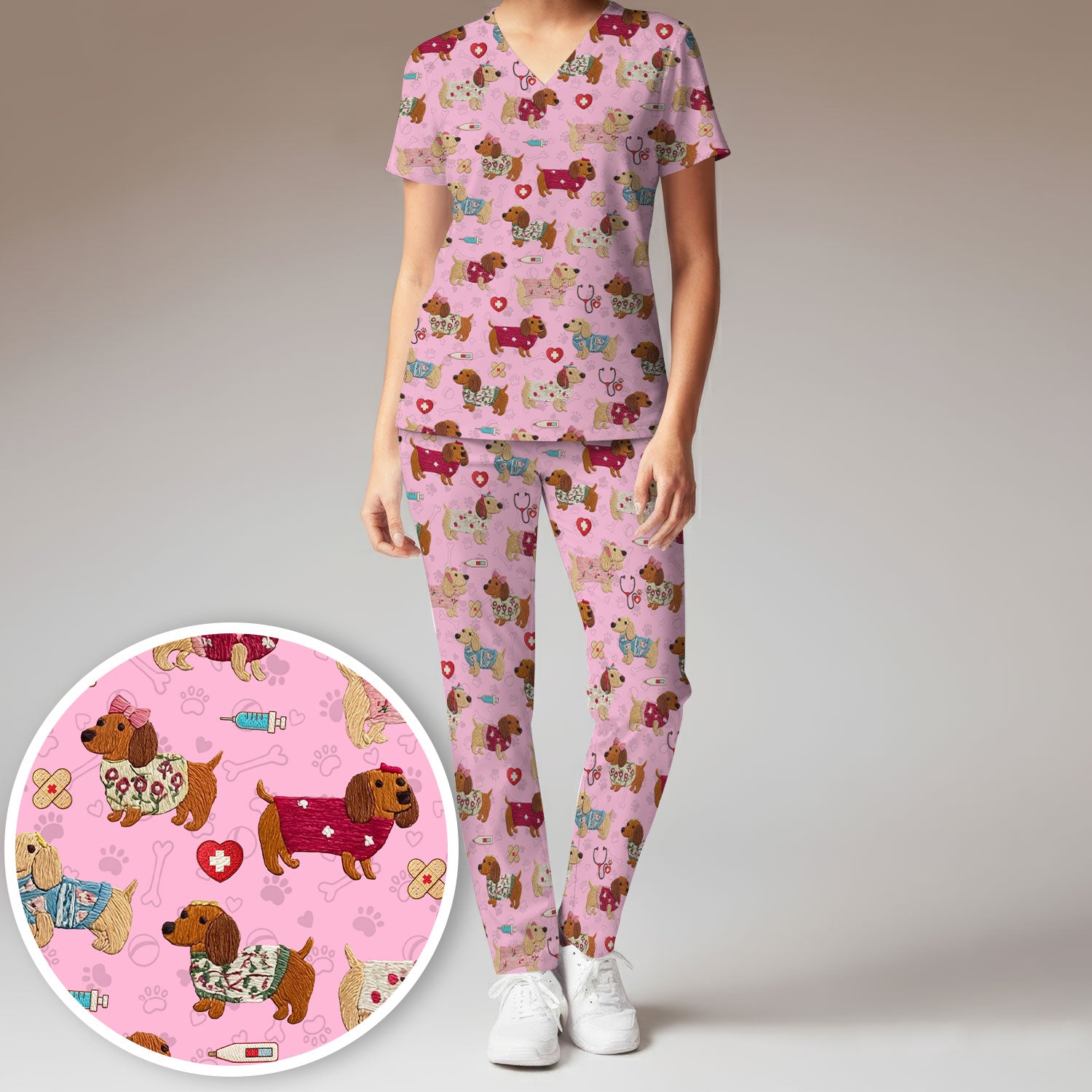 Cute Medical Wiener Dog Pattern Nurse Shirt, Dachshund Nursing Scrub Set, Breathable Fabrics Nursing Uniform