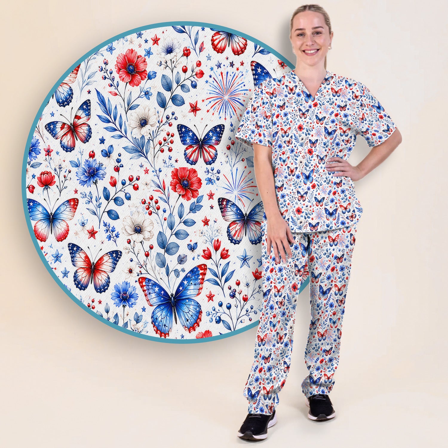 Patriotic Butterfly Fireworks Floral Pattern Scrub Set, Scrub Pants and V Neck Top