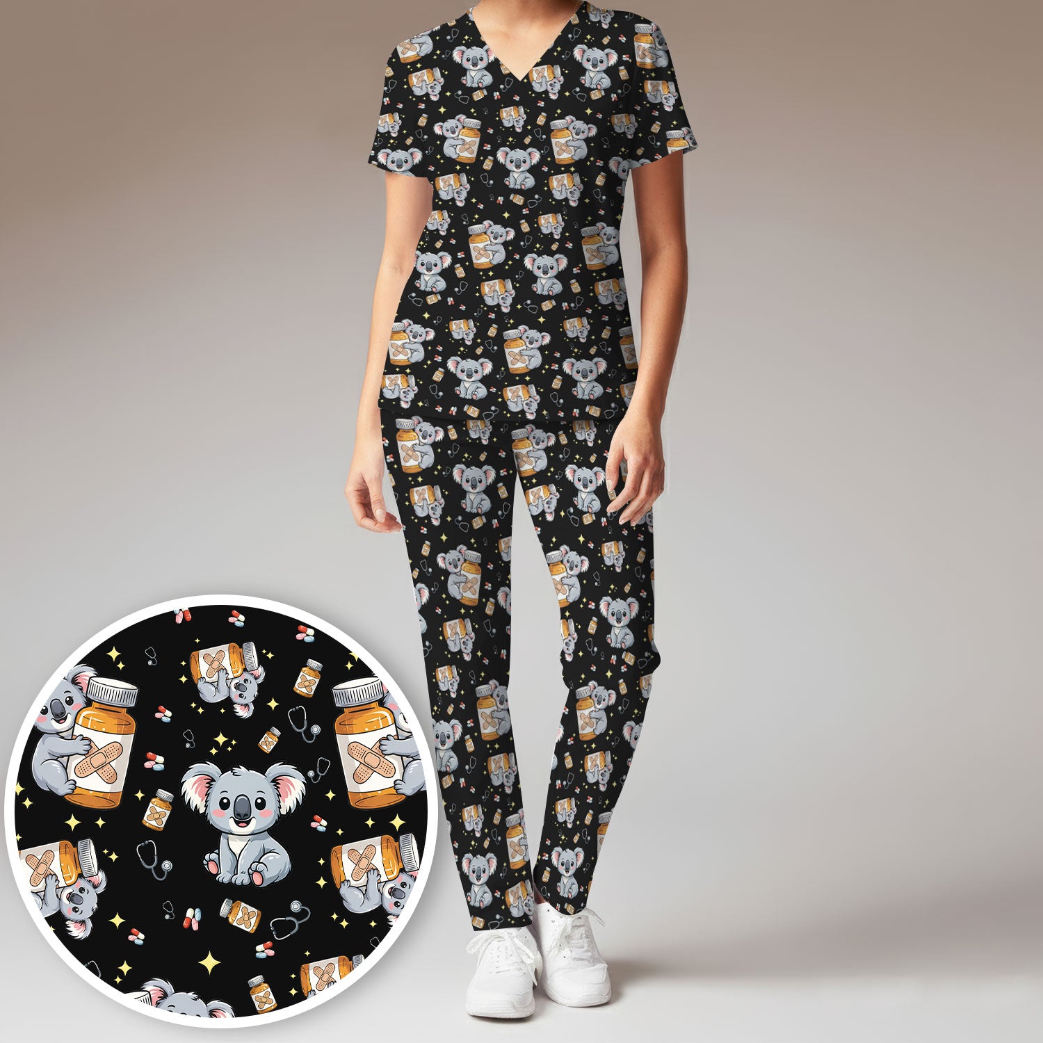 Cute Koala Nurse Bandage Medicine Print Scrub Set, Breathable Med Uniform