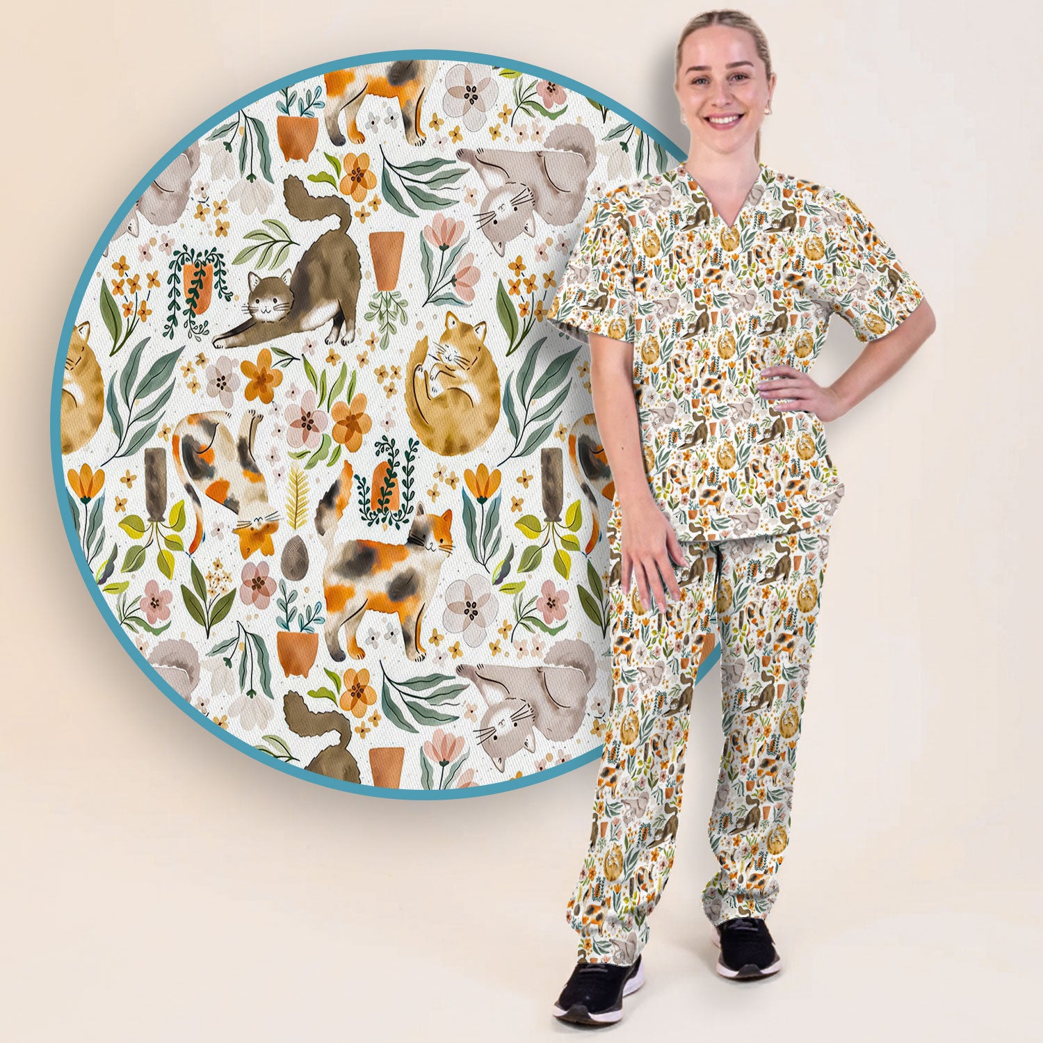 Cat Wildflower Garden Floral Pattern Scrub Set, Scrub Pants and V Neck Top