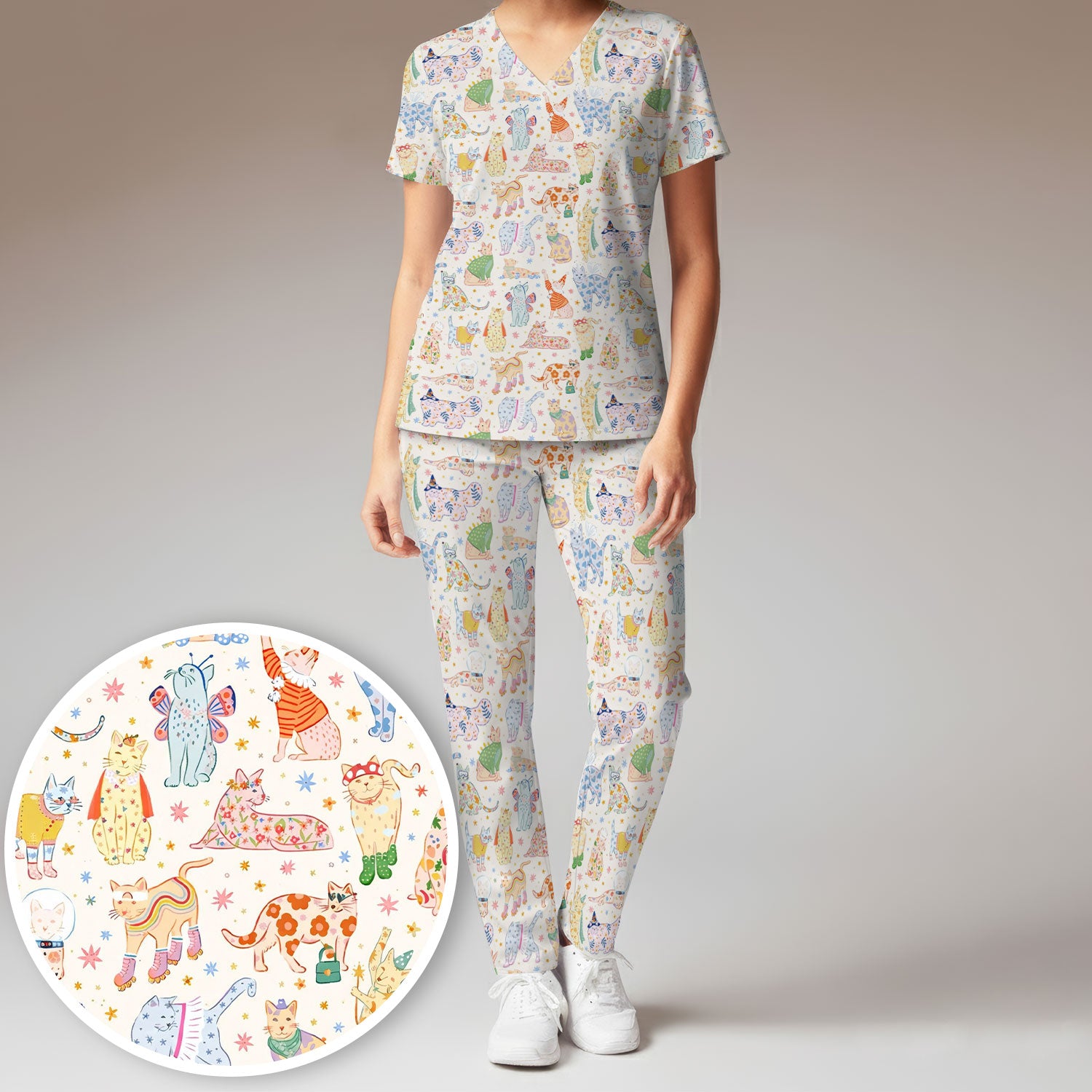 Colorful Pastel Cartoon Cats Print Scrub Set, Breathable Med Uniform