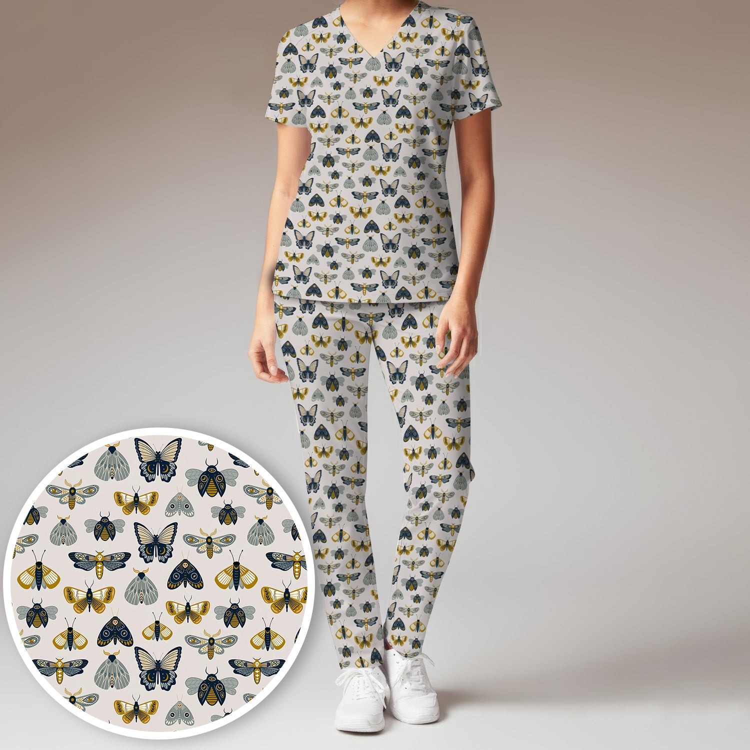 Vintage Butterfly Moth Insect Pattern Scrub Set, Scrub Pants and V Neck Top