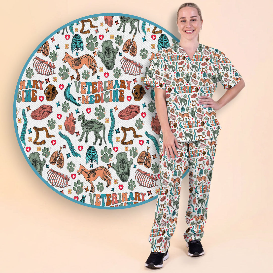 Veterinary Medicine Scrub Set - Cute Animal Anatomy Scrubs Pants and V Neck Top - Fun Vet Tech Nurse Uniform for Women