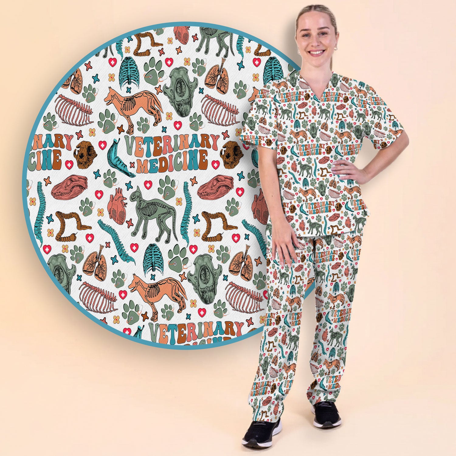 Veterinary Medicine Scrub Set - Cute Animal Anatomy Scrubs Pants and V Neck Top - Fun Vet Tech Nurse Uniform for Women
