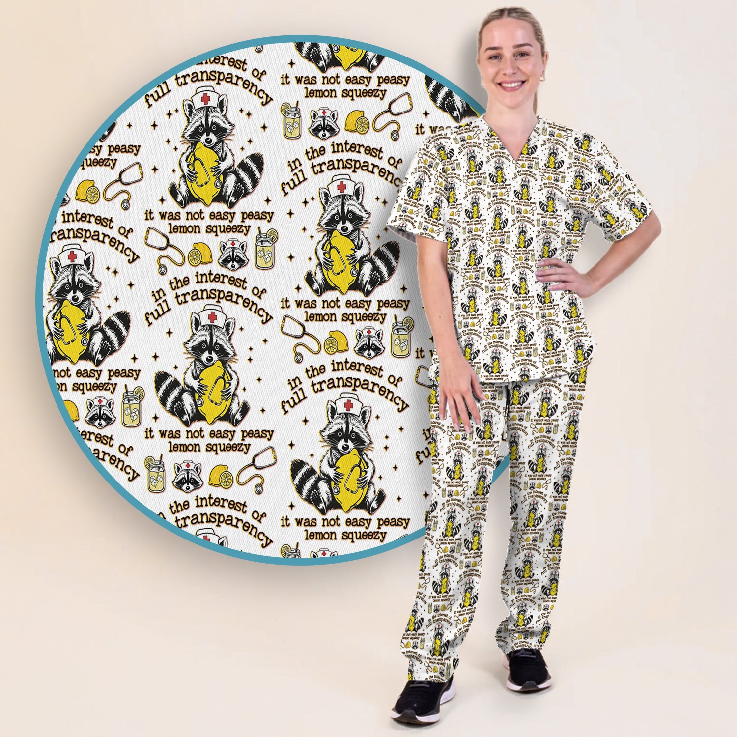 Raccoon Lemon Quote Medical Humor Pattern Scrub Set, Breathable Med Uniform