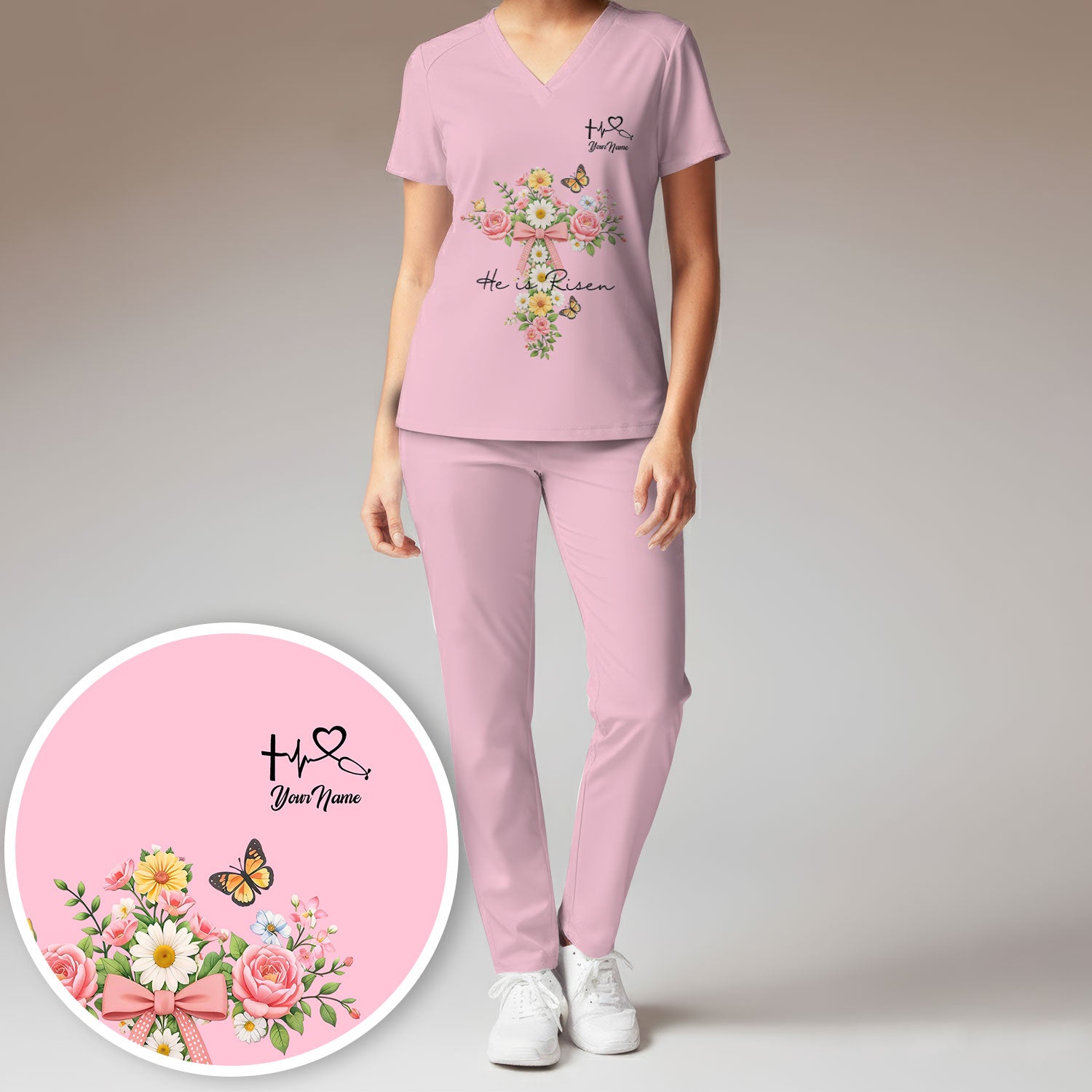 Personalized Meaningful Easter Nurse He Is Risen Floral Cross Bow Pattern Scrub Set, Women's Scrub Sets
