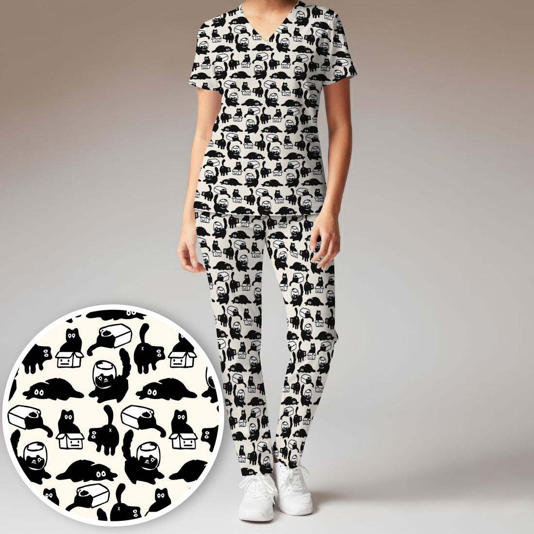 Dark Playful Cat Cartoon Pattern Scrub Set, Breathable Med Uniform