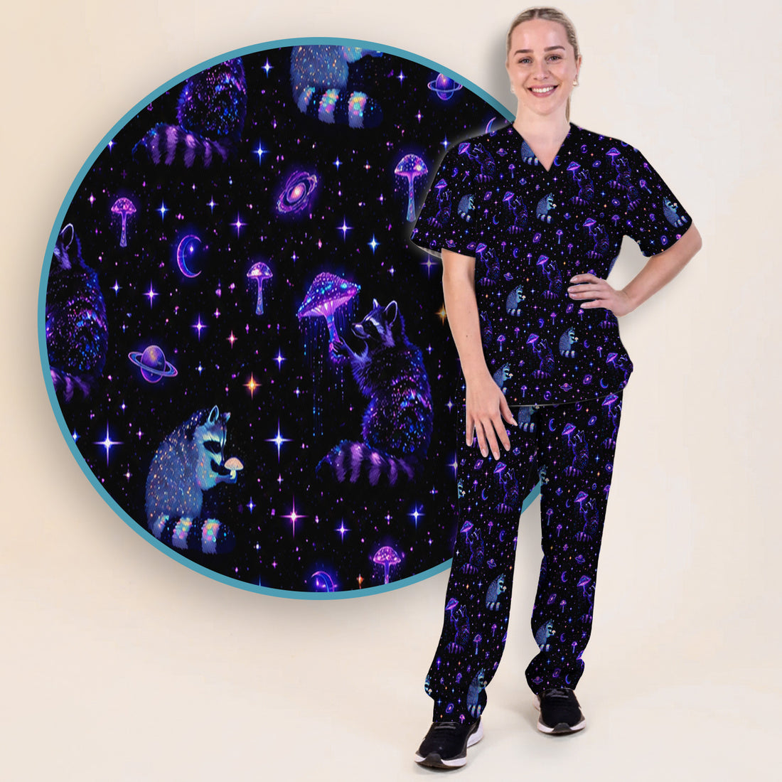 Cute Raccoon Mushroom Galaxy Pattern Scrub Set, Scrub Pants and V Neck Top