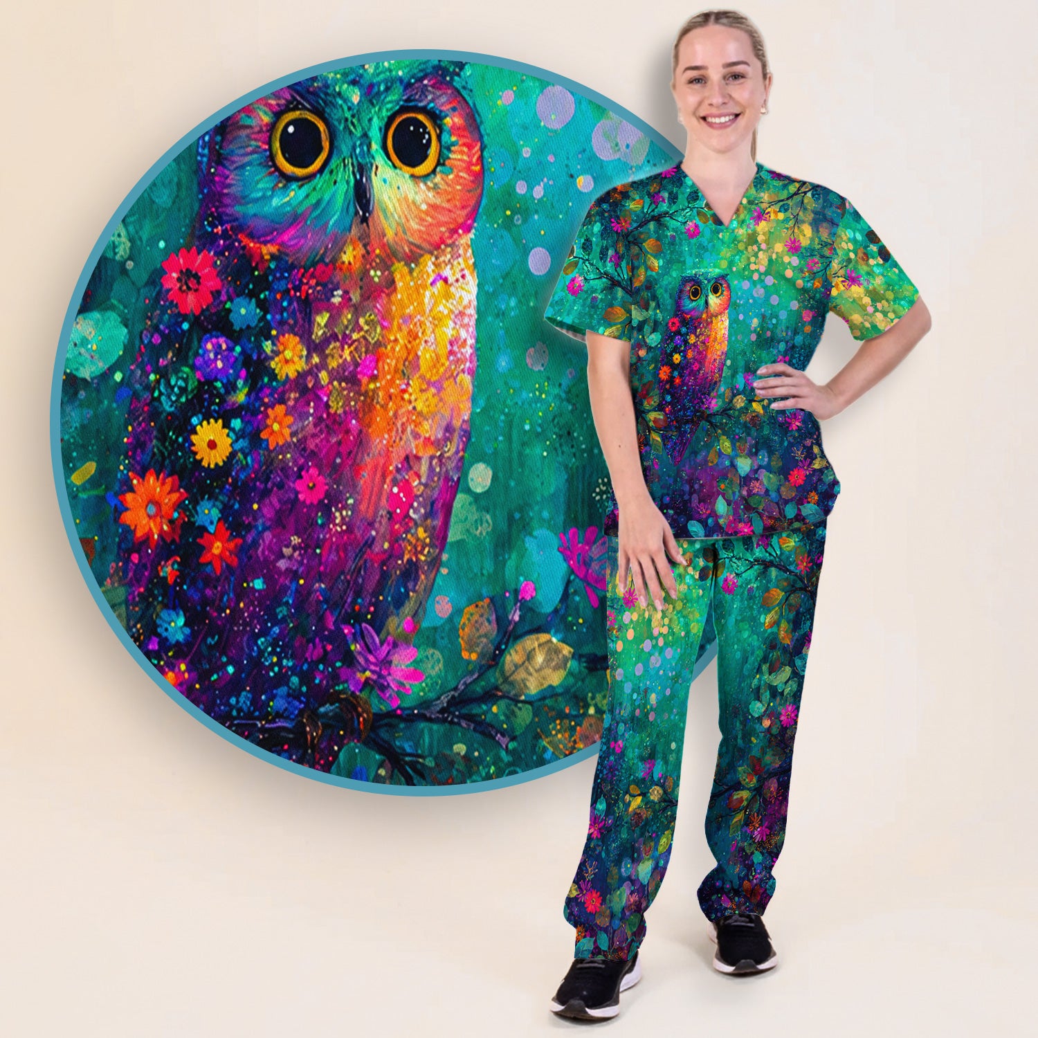 Vibrant Neon Owl Pattern, Colorful Forest Medical Scrub Set, Scrub Pants and V Neck Top