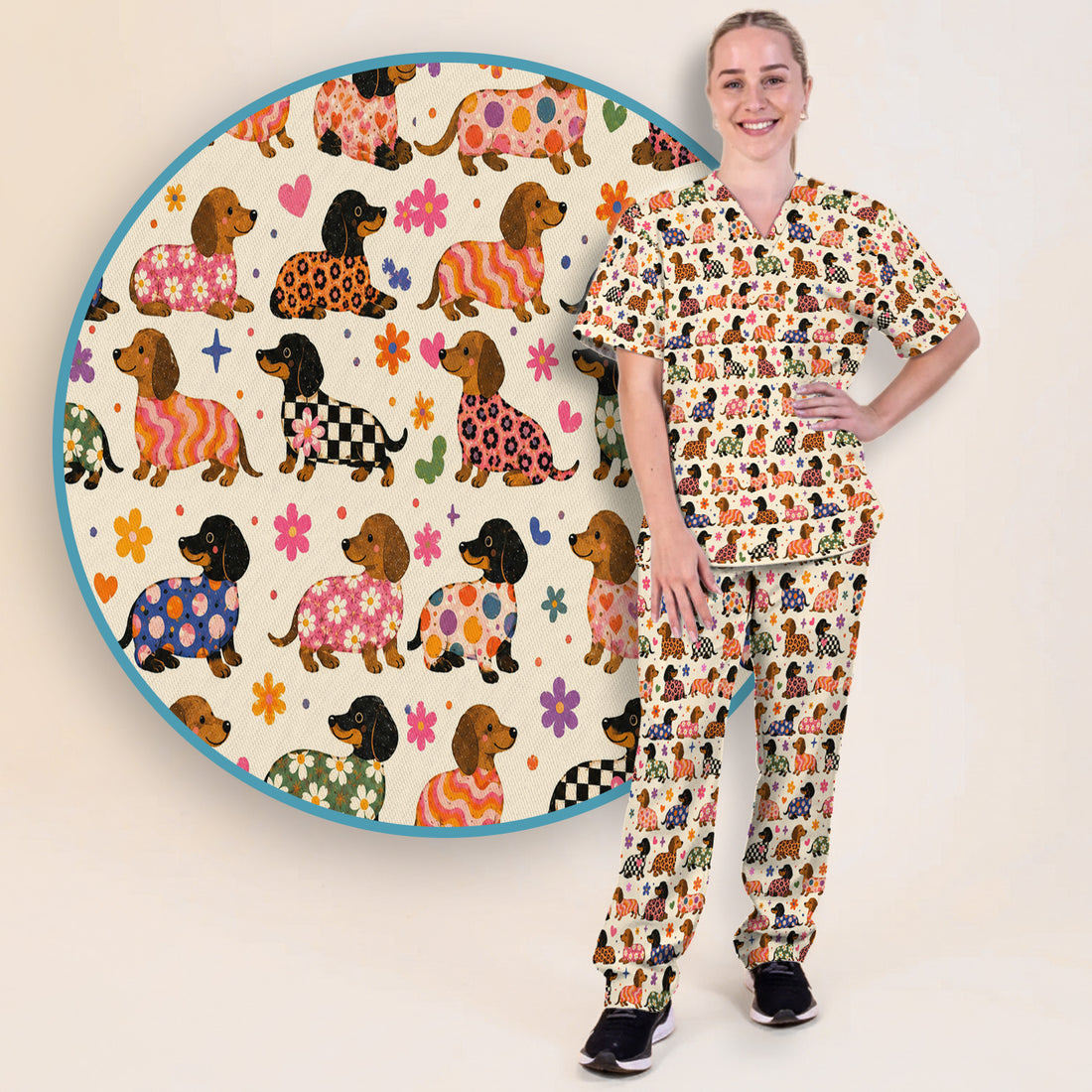 Floral Dachshund Print Scrub Set, Scrub Pants and V Neck Top