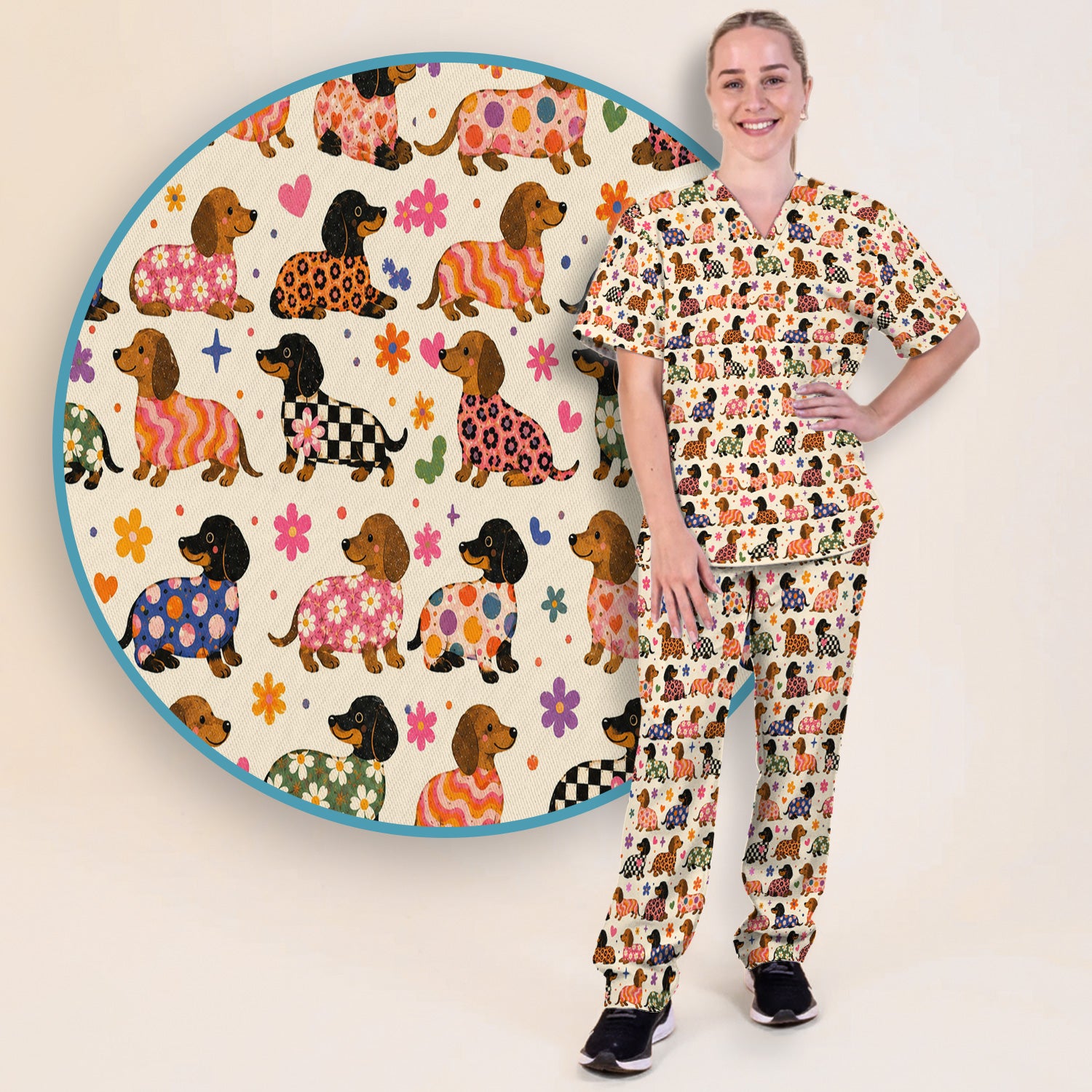 Floral Dachshund Print Scrub Set, Scrub Pants and V Neck Top