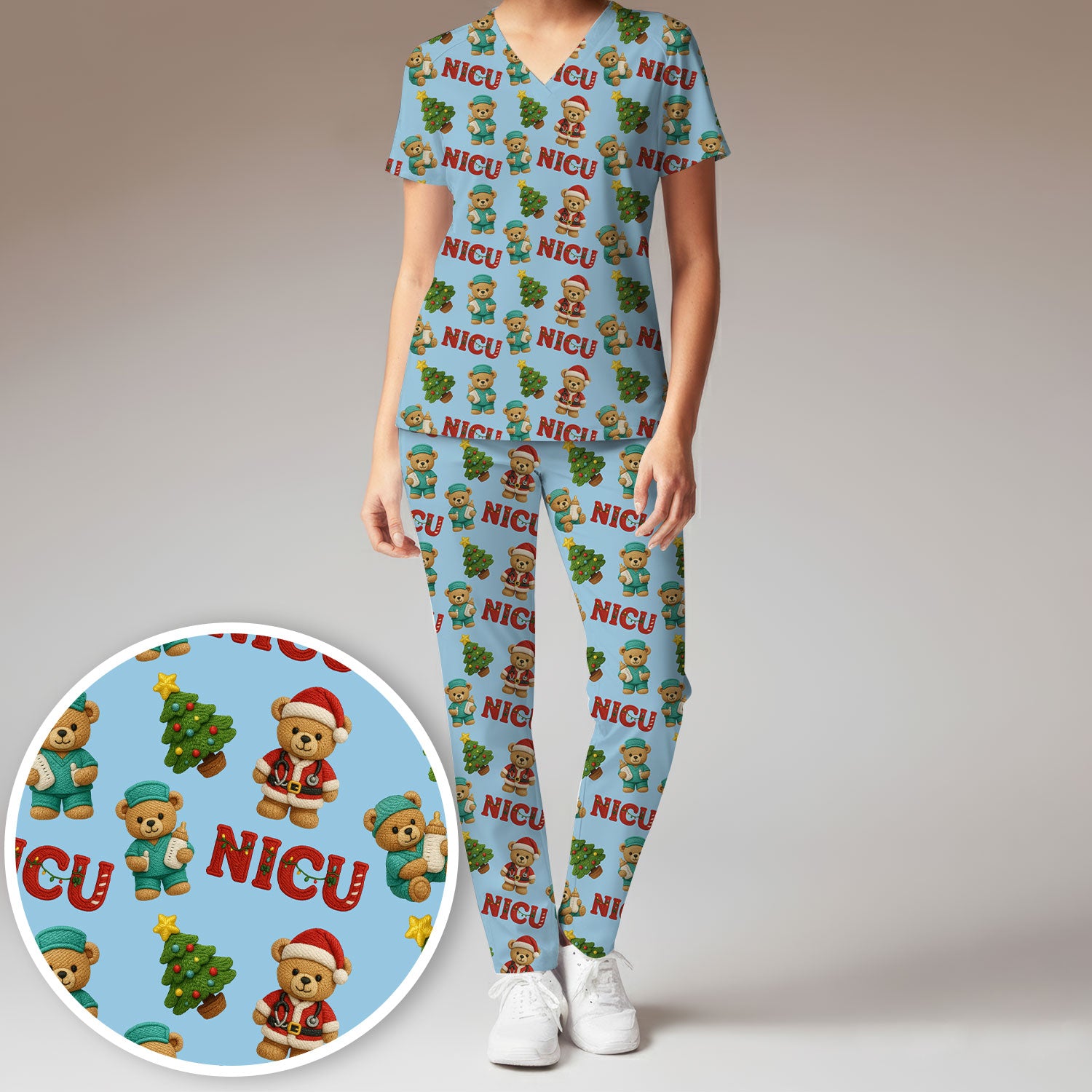 Festive Christmas NICU Nurse Teddy Bear Pattern Scrub Set, Breathable Med Uniform