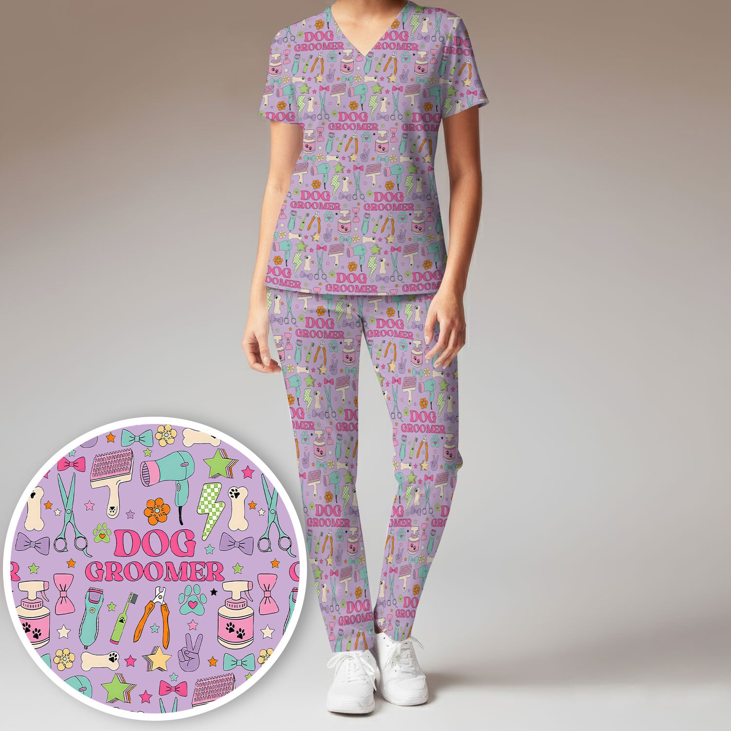 Dog Groomer Tools Pattern Women's Scrub Set, Scrub Pants and V Neck Top