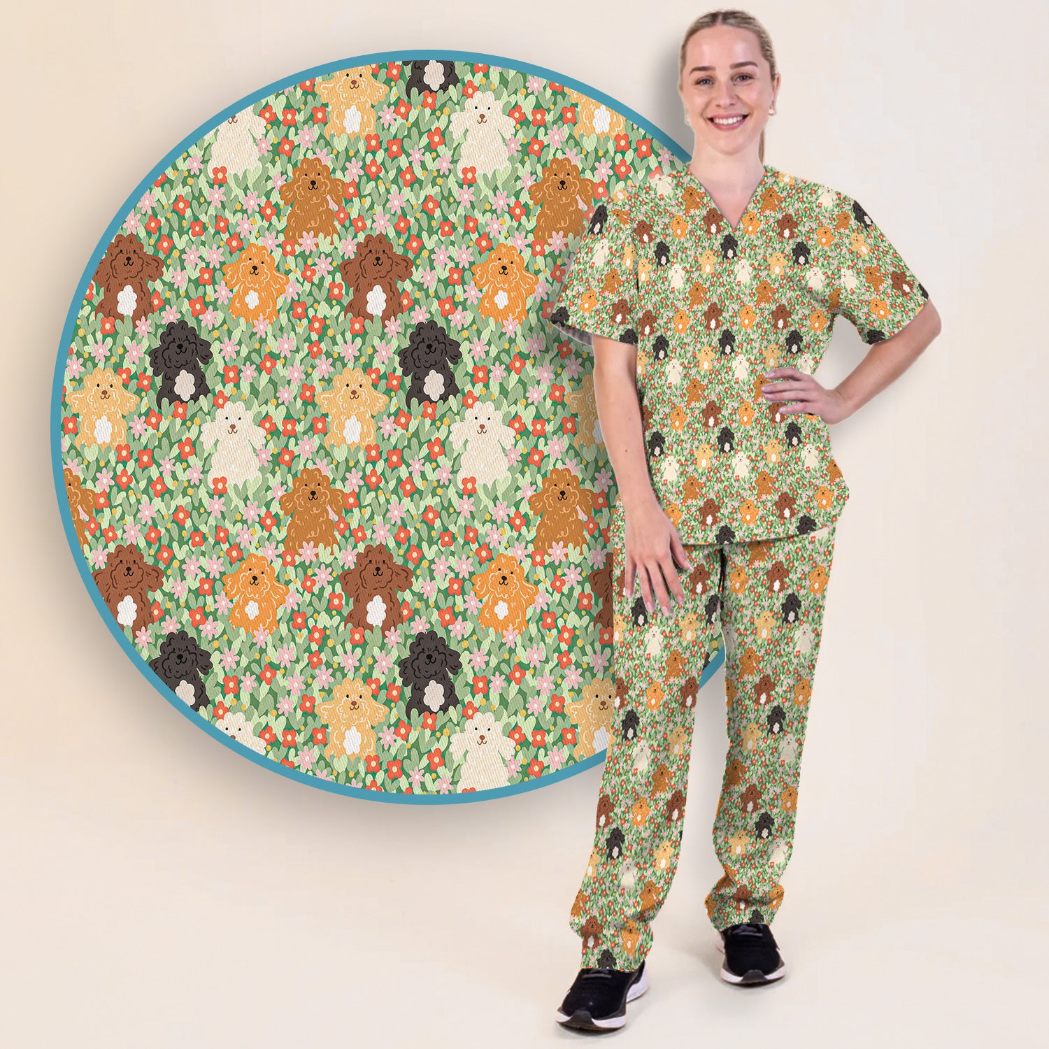 Cute Poodle Dogs Floral Pattern Scrubs Sets, Breathable Med Uniform