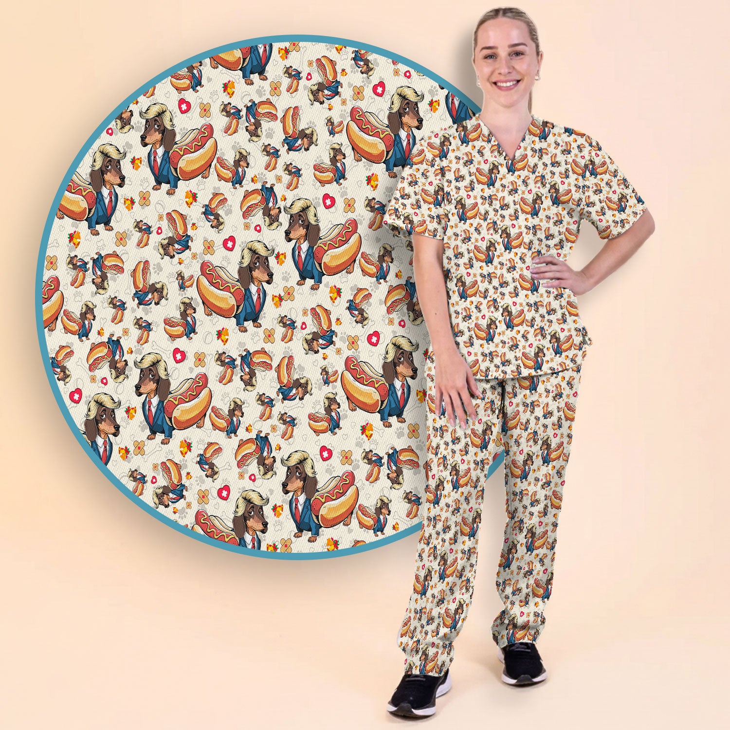 Dachshund Hot Dog Nurse Scrub Set - Funny Sausage Dog Pants and V Neck Top - Medical Uniform Gift