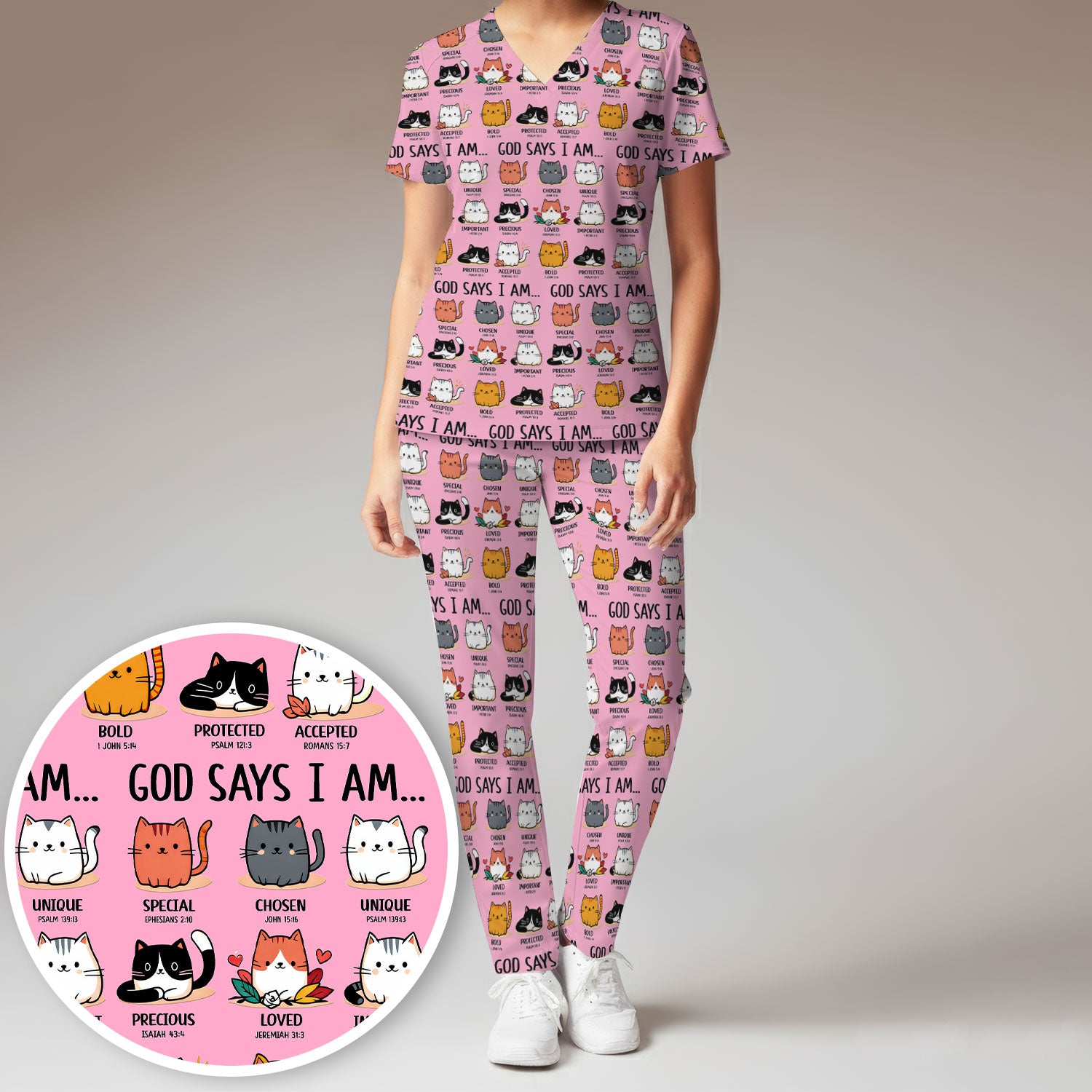 Cute Christian Cat God Says I Am Women's Scrub Set, Breathable Med Uniform