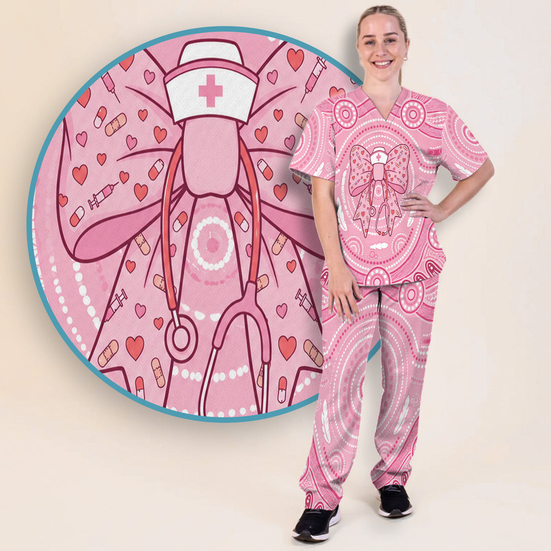Pink Nurse Bow Stethoscope Pattern Scrub Set, Scrub Pants and V Neck Top