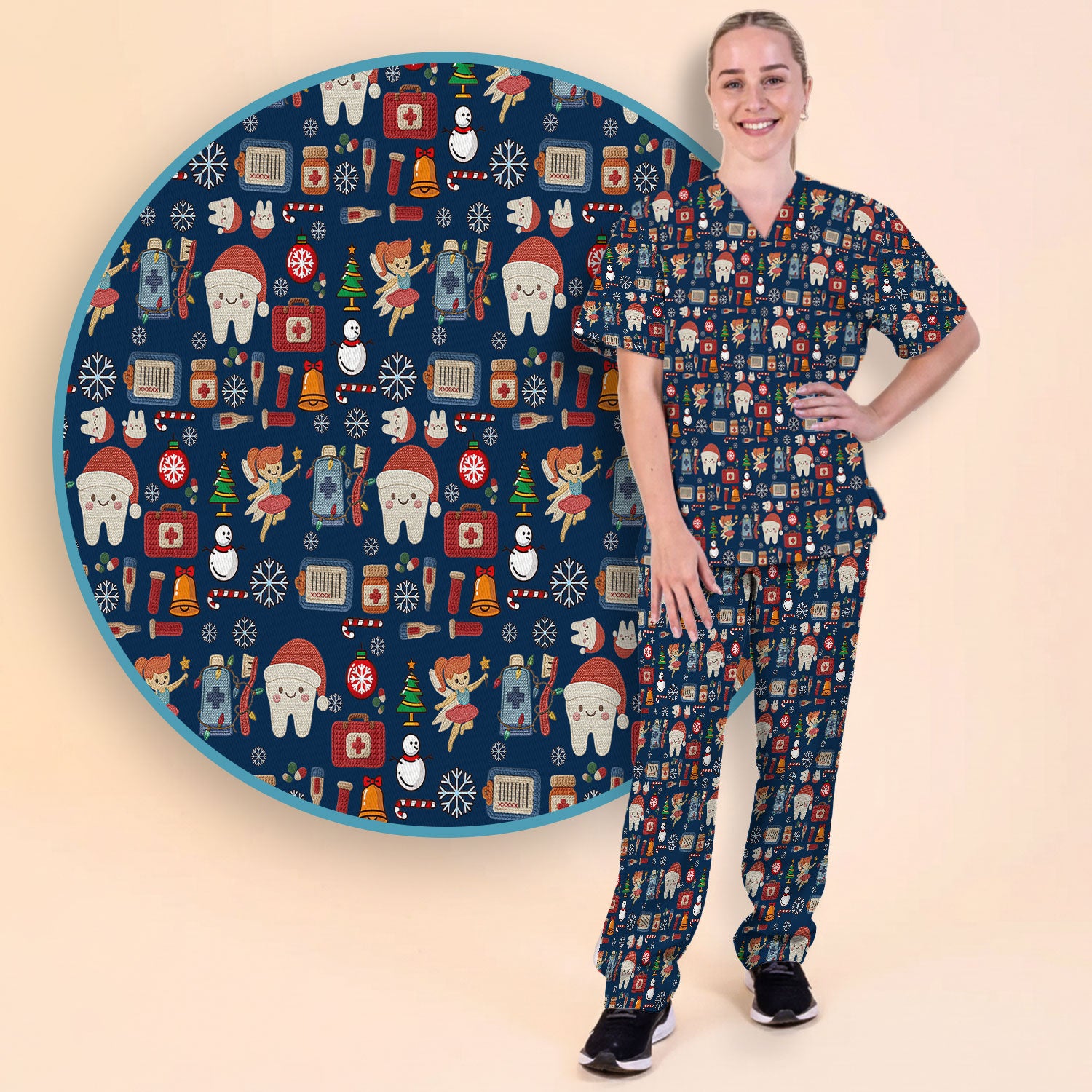 Christmas Dental Scrub Set - Cute Santa Tooth & Snowman Scrubs Pants and V Neck Top - Funny Holiday Gift for Dentists, Hygienists
