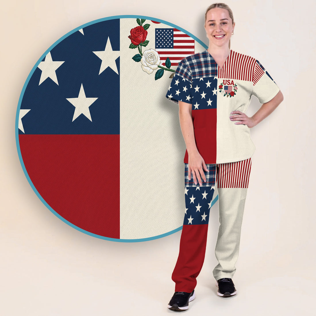 USA Flag Rose Patchwork Pattern Scrub Set, Scrub Pants and V Neck Top