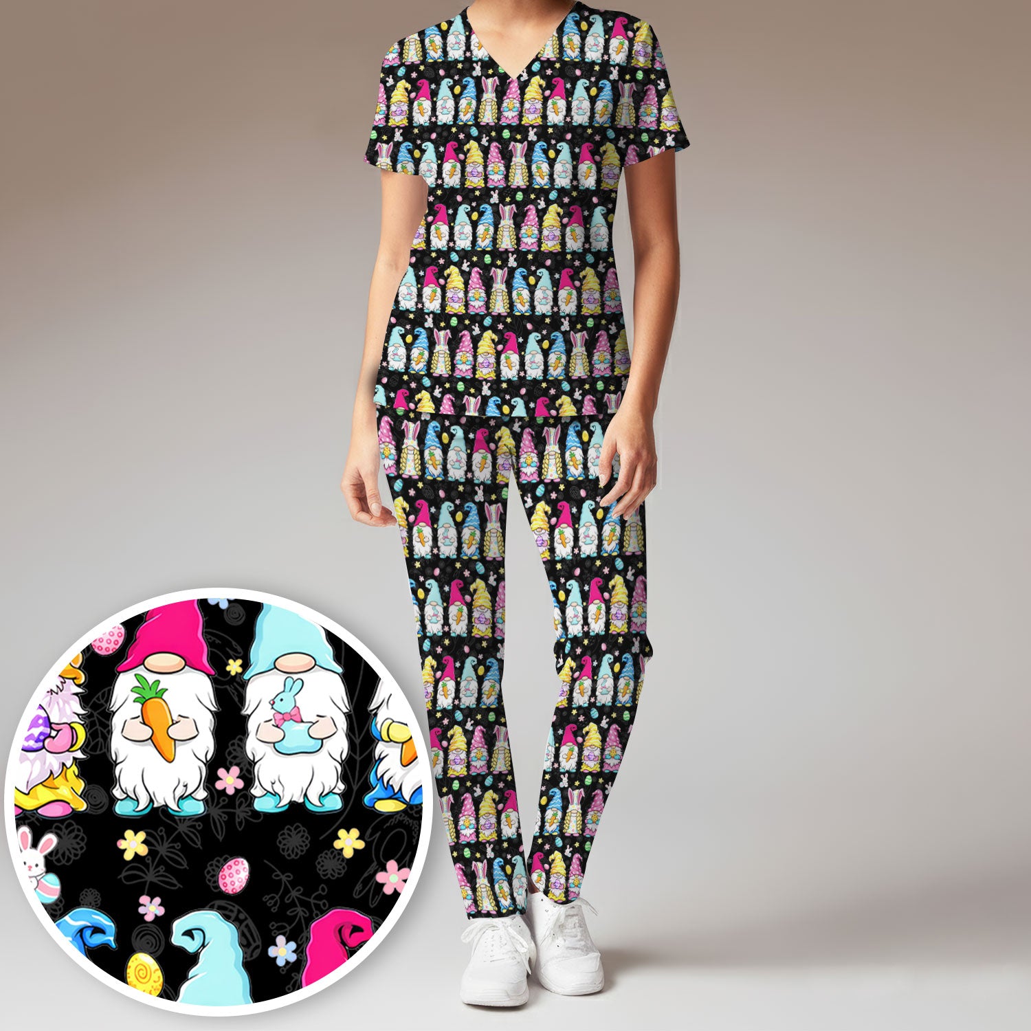Colorful Easter Gnome Bunny Eggs Pattern Scrub Set, Women's Scrub Sets