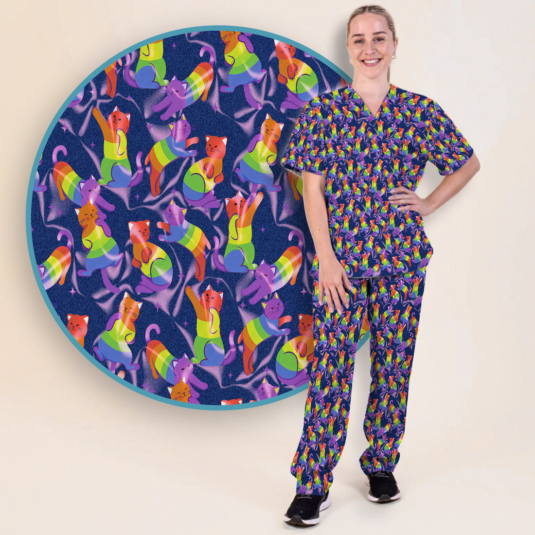 Rainbow Pride Cat Pattern Scrub Set, Scrub Pants and V Neck Top