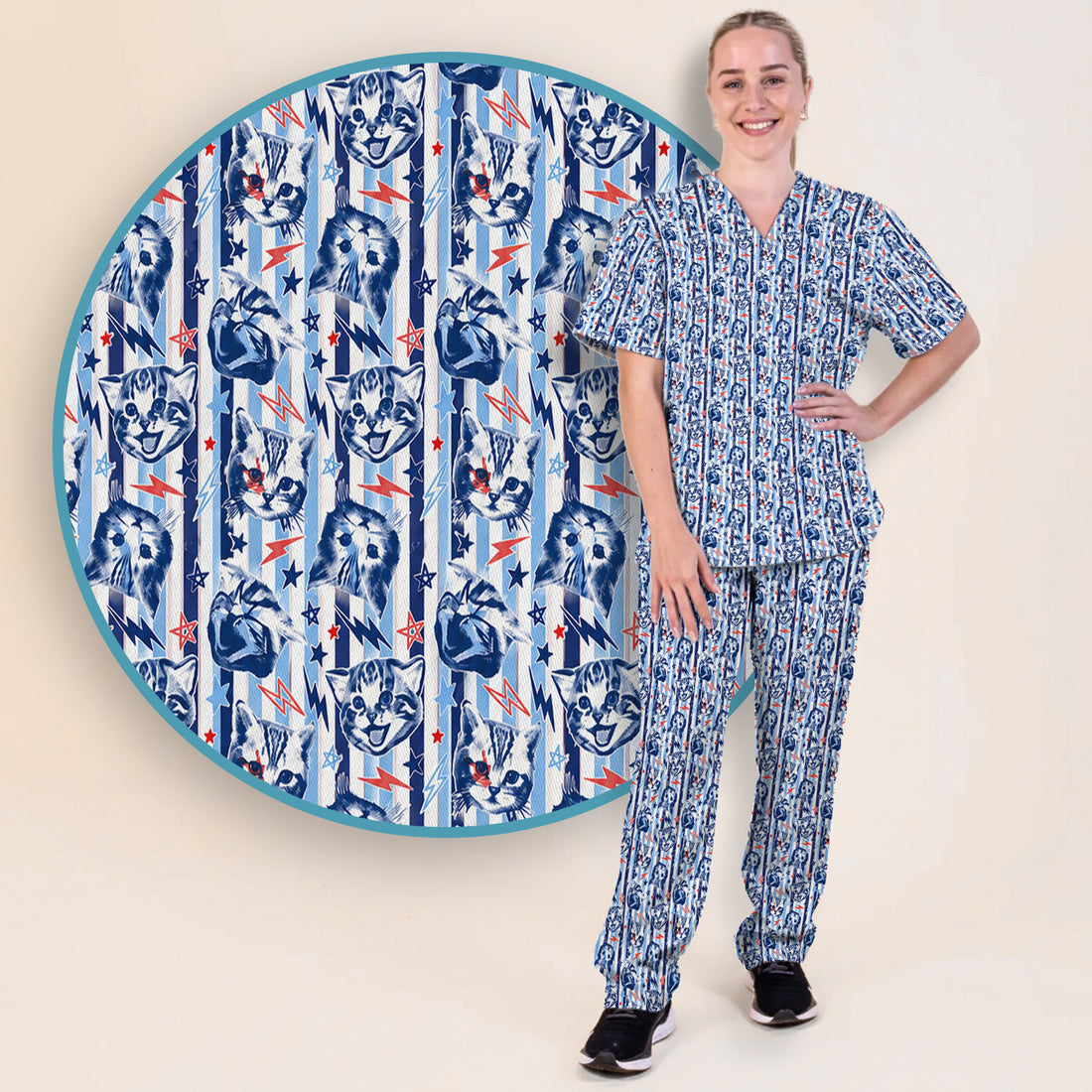 Cute Cat Faces With Lightning Print Scrub Set, Scrub Pants and V Neck Top