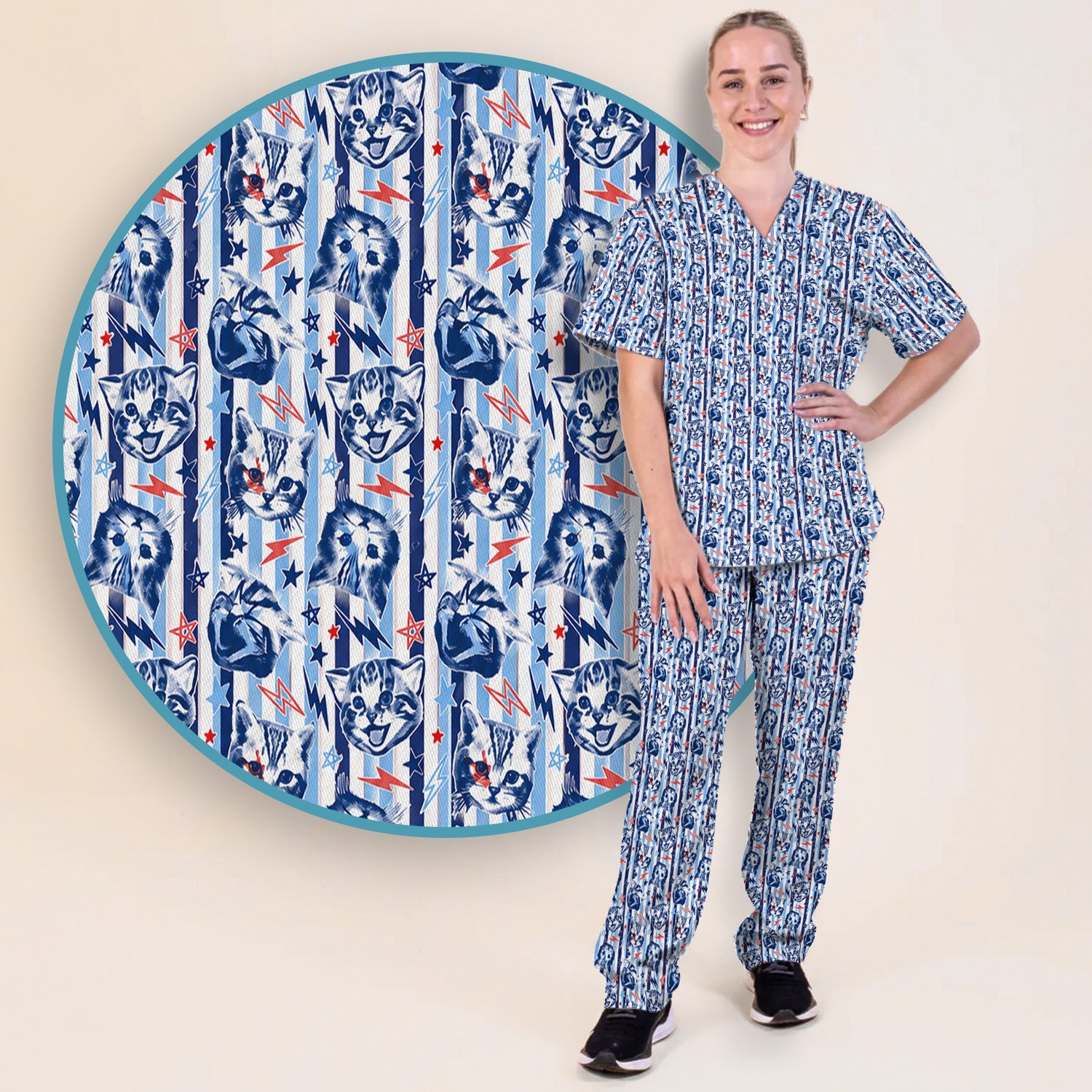 Cute Cat Faces With Lightning Print Scrub Set, Scrub Pants and V Neck Top